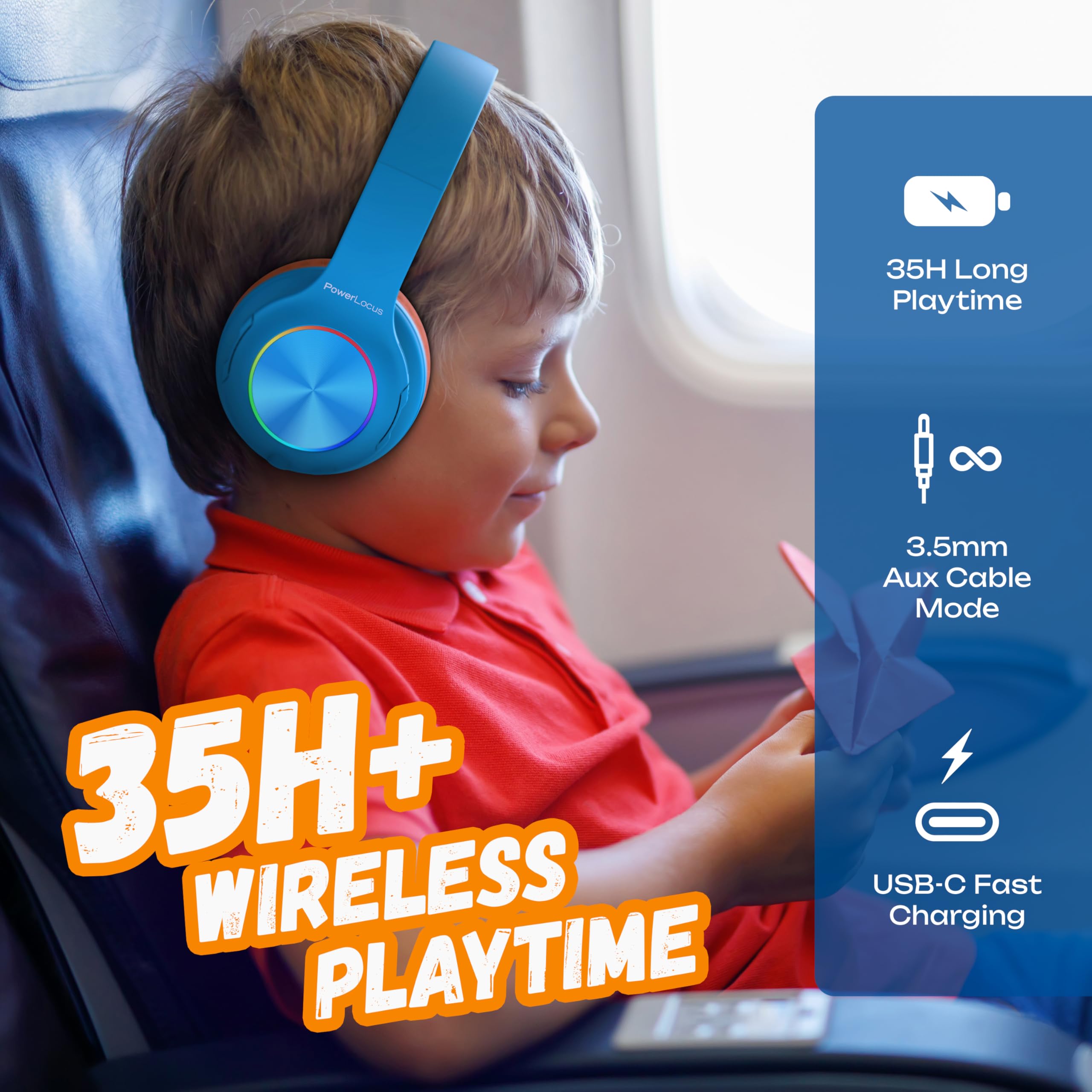 Cuffie per Bambini, PowerLocus Cuffie Bluetooth con Luce LED, Cuffie Senza Fili Pieghevoli con Microfono, Micro SD/TF, HD Stereo, 94DB Limitazione del Volume, Wireless e con Cavo,per Ragazzi e Ragazze