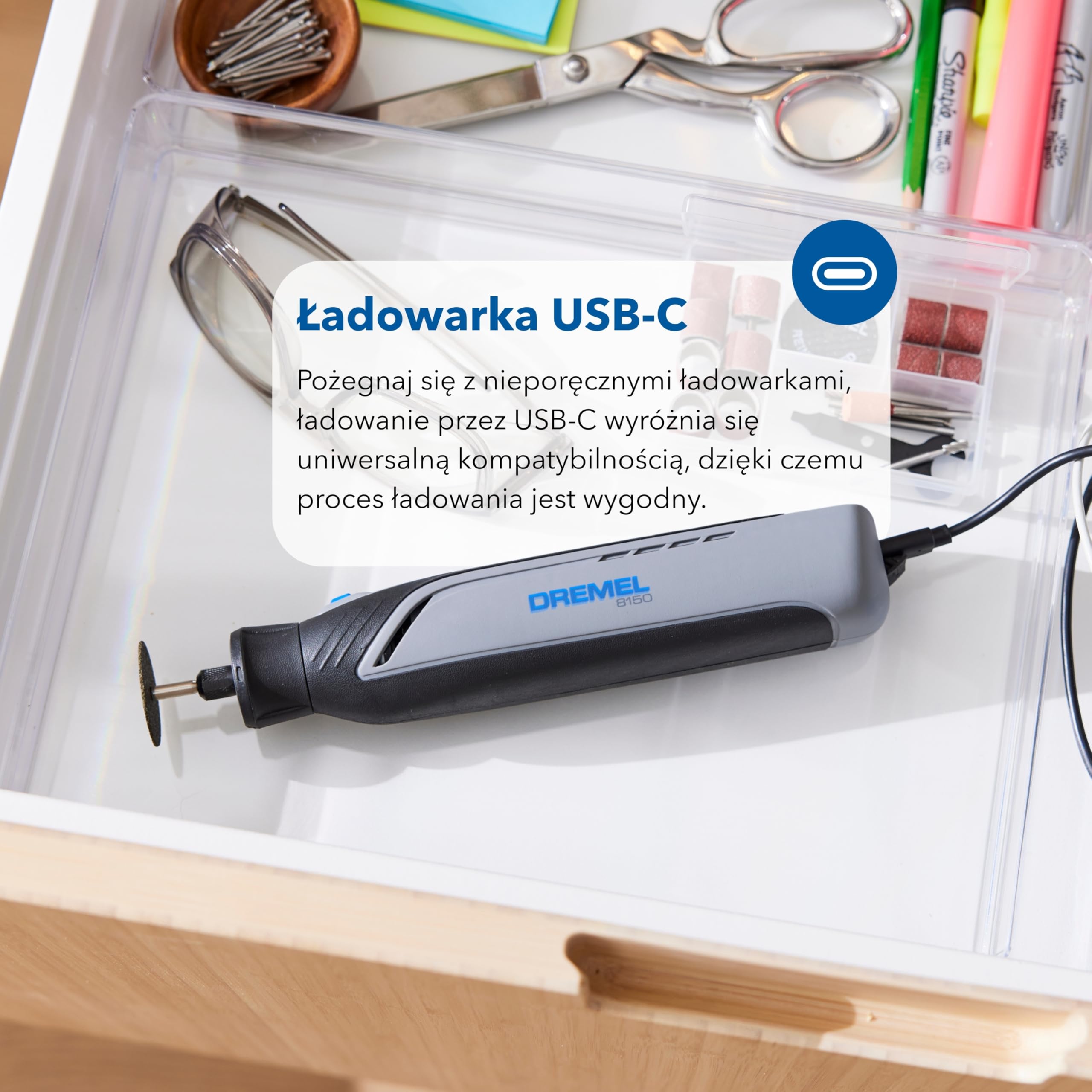 Dremel 8150 Zestaw z akumulatorowym bezszczotkowym narzędziem obrotowym, akumulator 7,2V 2Ah USB-C, 20 akcesoriów, regulacja prędkości obrotowej 5000–30000 obr./min, oświetlenie LED, cięcie, ścieranie