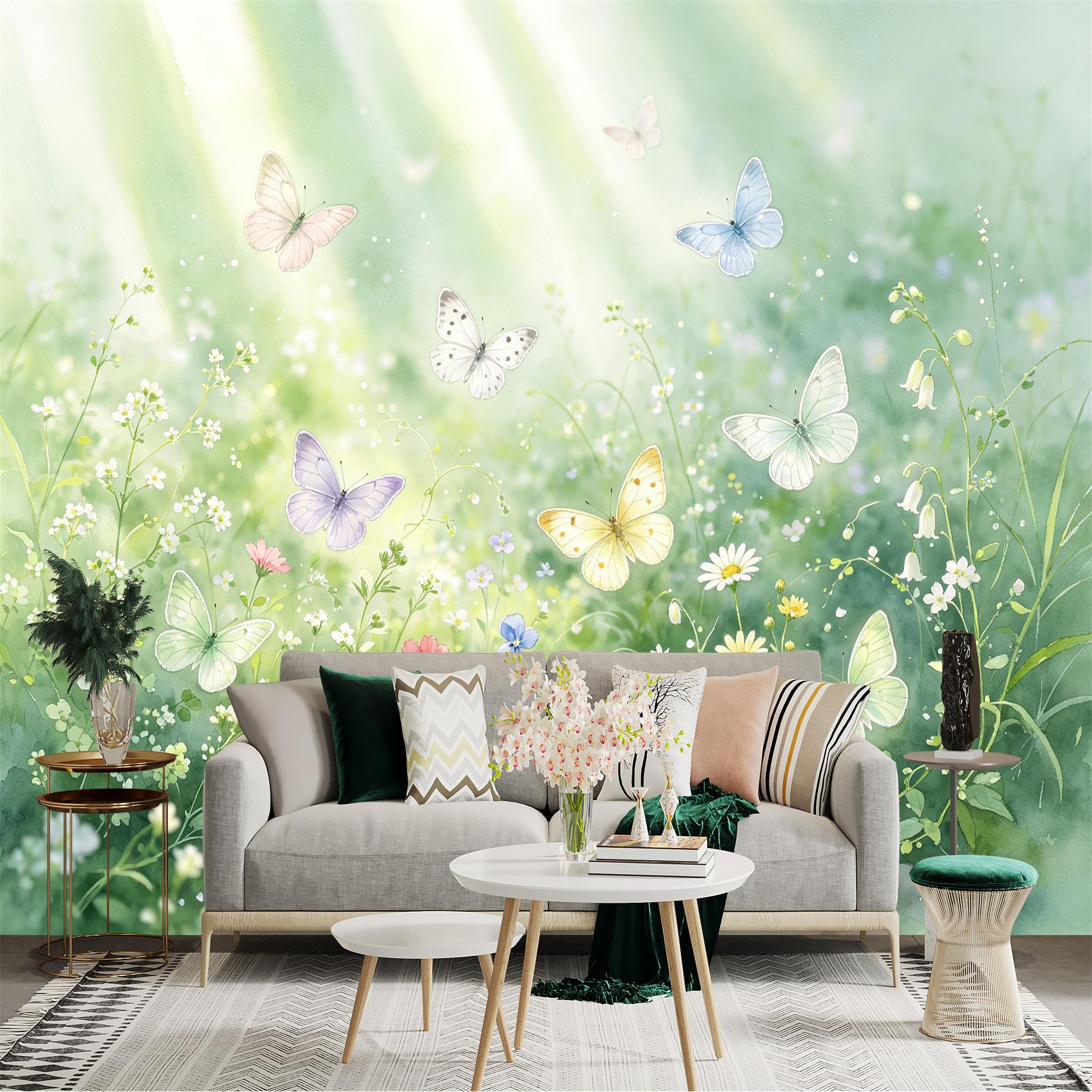 Lnzczhyre Bh260719752 Custom Size Wall Sticker Mural， Watercolor Butterflies， Spring Wildflower Meadow， Soft Sunlight Forest， For Wall Decoration， Peelandstick Wall Decals.