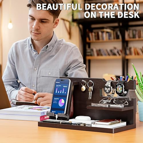 Miniatura 8 de Yirilan Estación de acoplamiento de madera para teléfono, organizador de mesita de noche, regalos de cumpleaños para hombres, regalos para