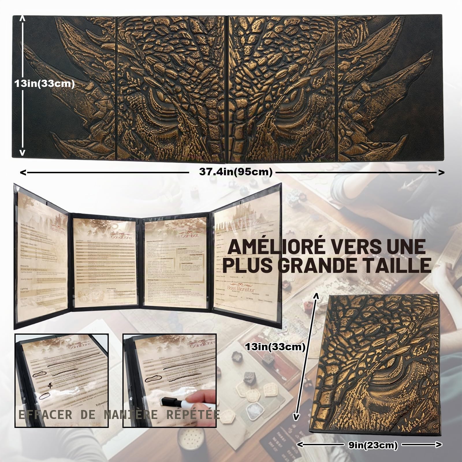 DND DM Écran 5e Dungeon Master pour cadeaux de donjons et dragons, 4 panneaux gaufrés, largeur totale 94 cm