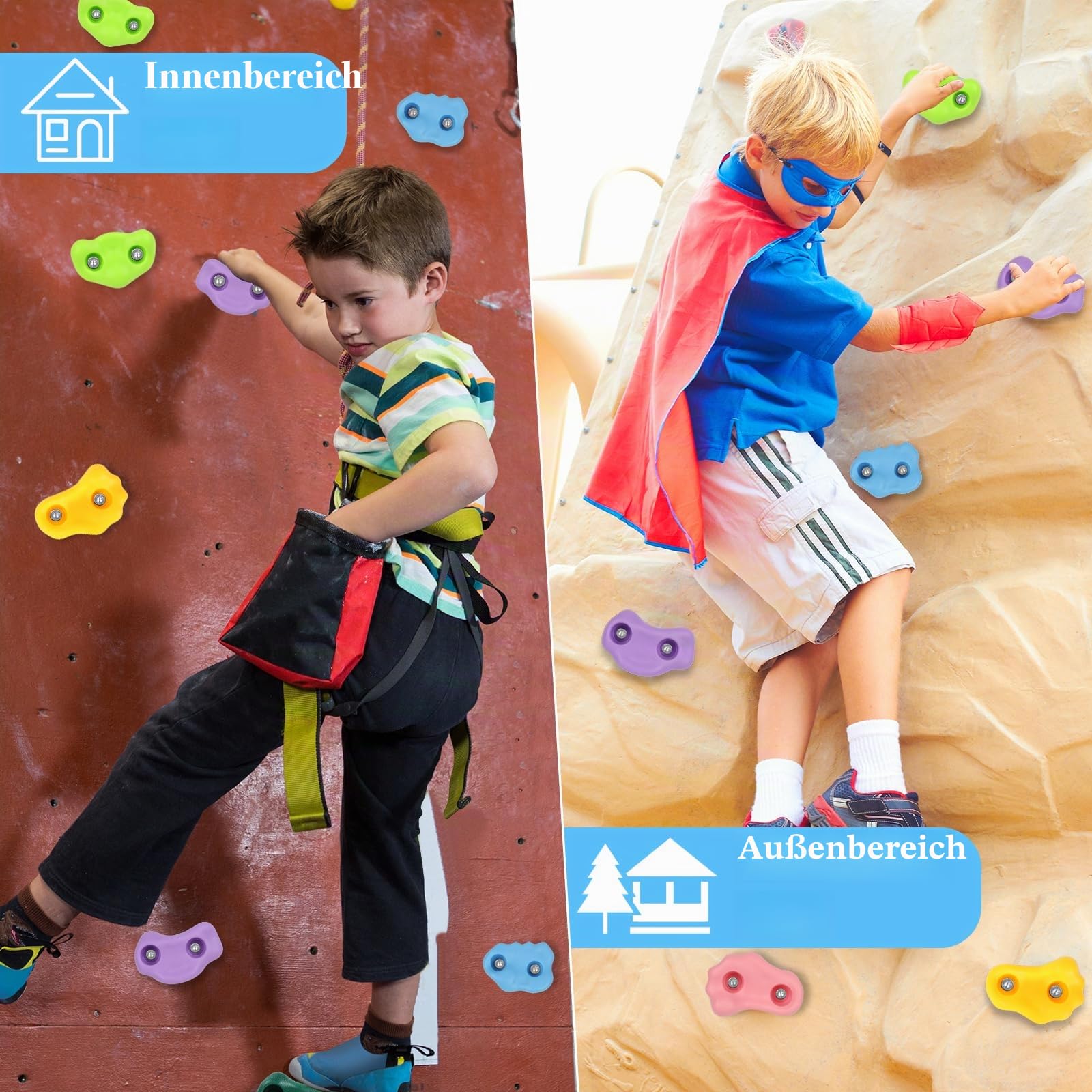 20 Stück Klettergriffe Kinder Outdoor - Klettersteine | Kletterwand Griffe Für Spielturm, mit 2 Griffen und 270 cm Kletterseil, Rock Wall Climbing Holds Steine helle Kletterfarbe