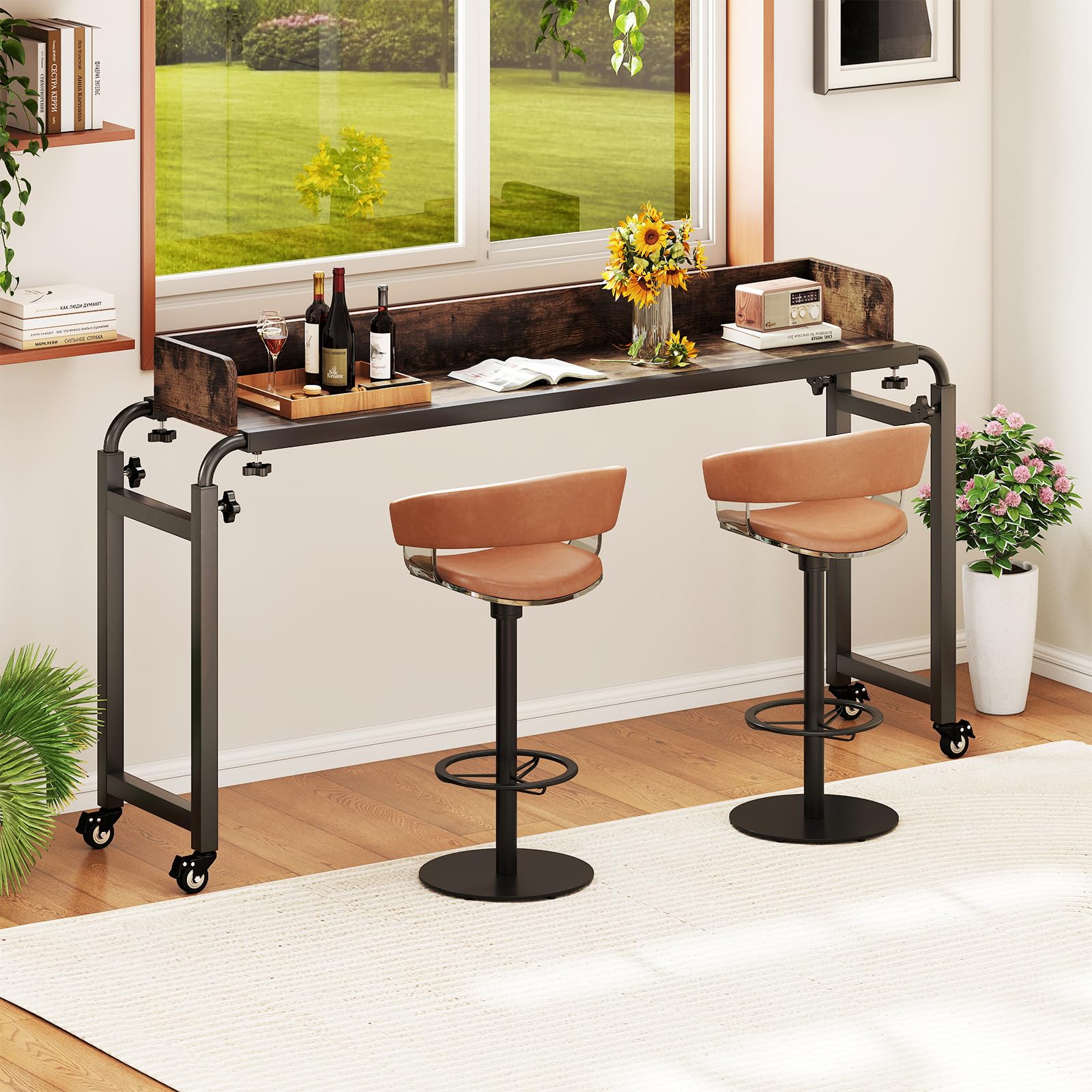 GIANTEX Mesa de Sobrecama con 4 Ruedas, Escritorio Auxiliar con Altura y Ancho Ajustables, Tablero con Borde Anticaído, Estilo Industrial, Mesa Bandeja para Dormitorio, Salón
