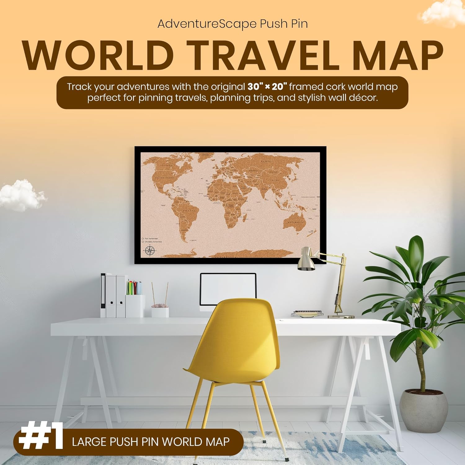 Large Push Pin World Travel Map – 30" x 20" Framed Cork Board Wall Art, Modern World Map with 200 Unique Pins for Tracking Adventures, A Premium Gift for Travelers, Couples and Families