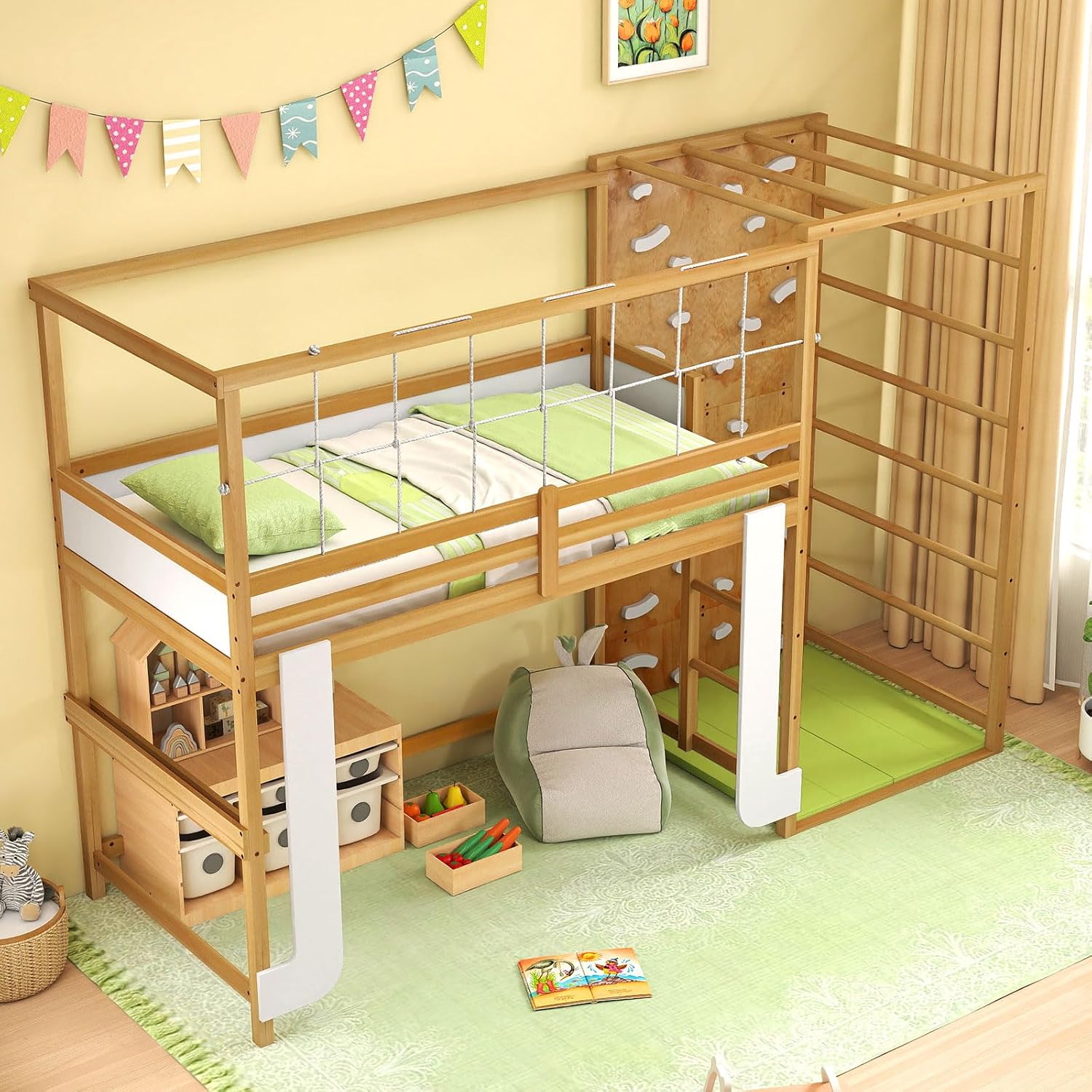 Giantex Twin Bunk Bed with Jungle Gym, 4-in-1 Wooden Loft Bed with Climbing Ladder, Rock Wall & Monkey Bar, Montessori Playhouse Bed with Full Length Guardrail & Wood Slat Support for Kids (Natural)