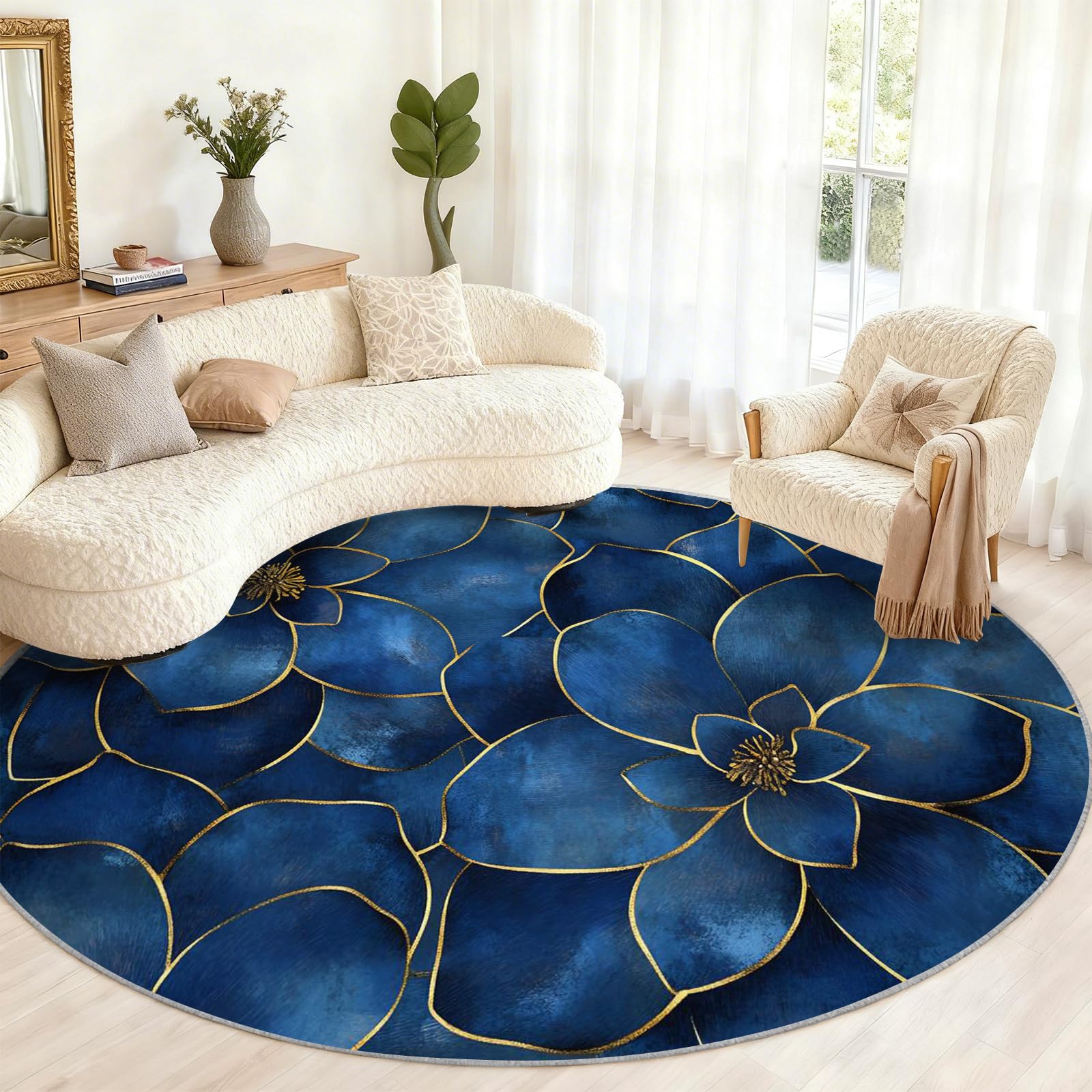 Tapis lavable et antidérapant Magnolia | Fini les taches avec ce tapis rond floral 1,2 m
