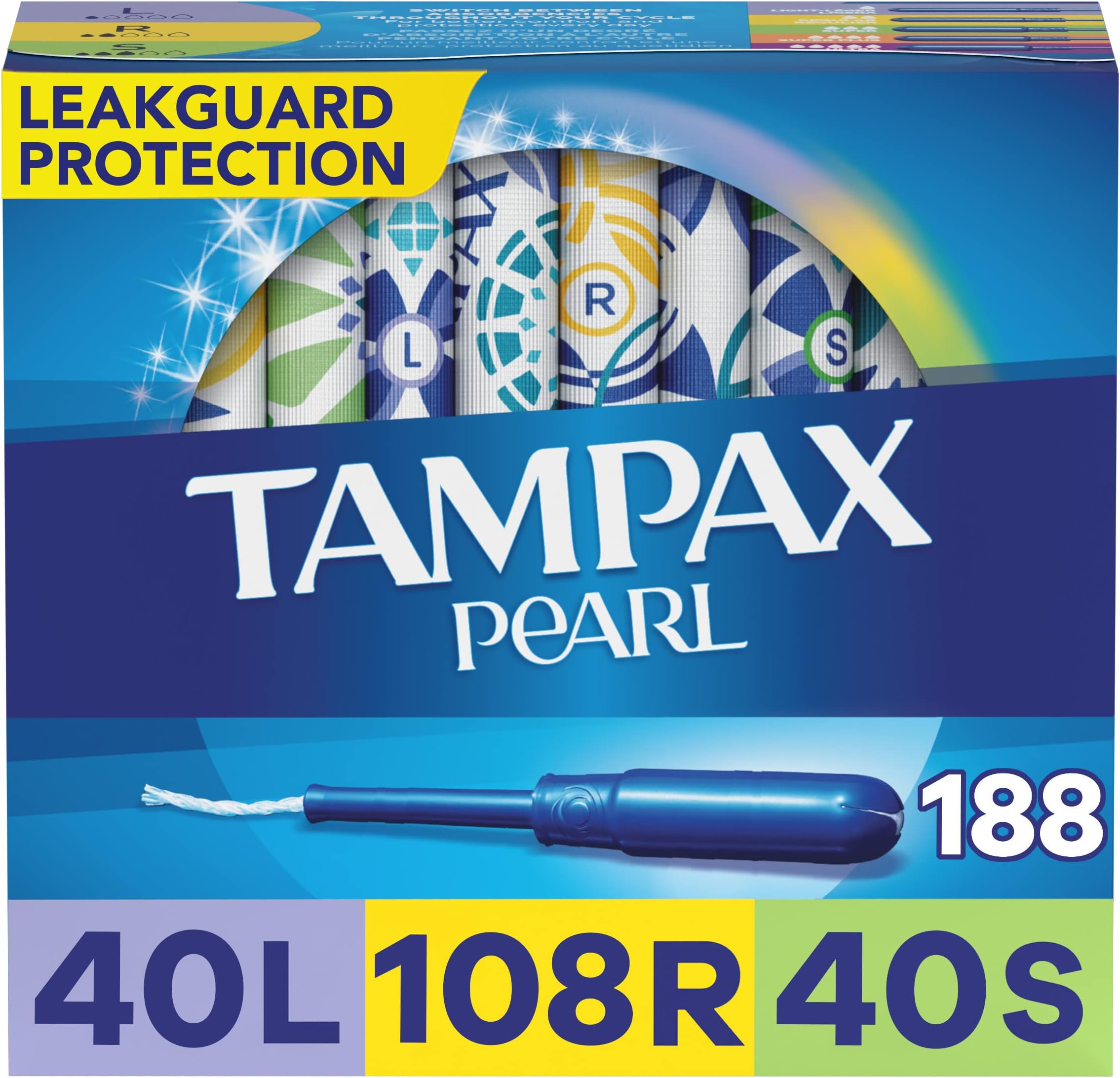 Tampax Pearl Plastic Tampons, Light/Regular/Super Absorbency Multipack, 188 Count, Unscented (47 Count, Pack of 4 - 188 Count Total) - Packaging May Vary