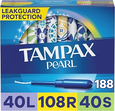 Tampax Pearl Plastic Tampons, Light/Regular/Super Absorbency Multipack, 188 Count, Unscented 47 Count, Pack of 4 - 188 Count Total - Packaging May Vary