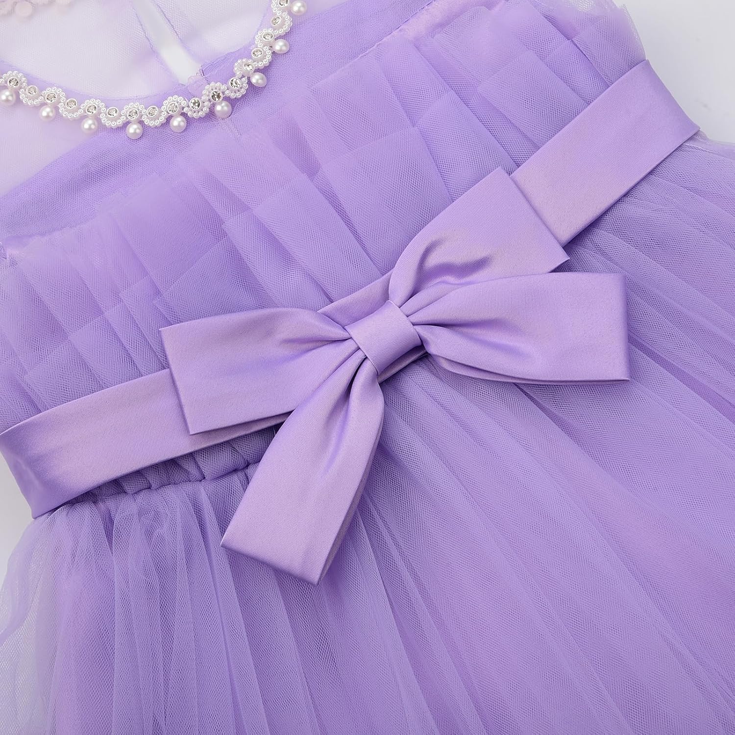 Uhnice Flower Girl Bow Dress Sleeveless Tulle Gown with Pearl Beading for Wedding Birthday Party