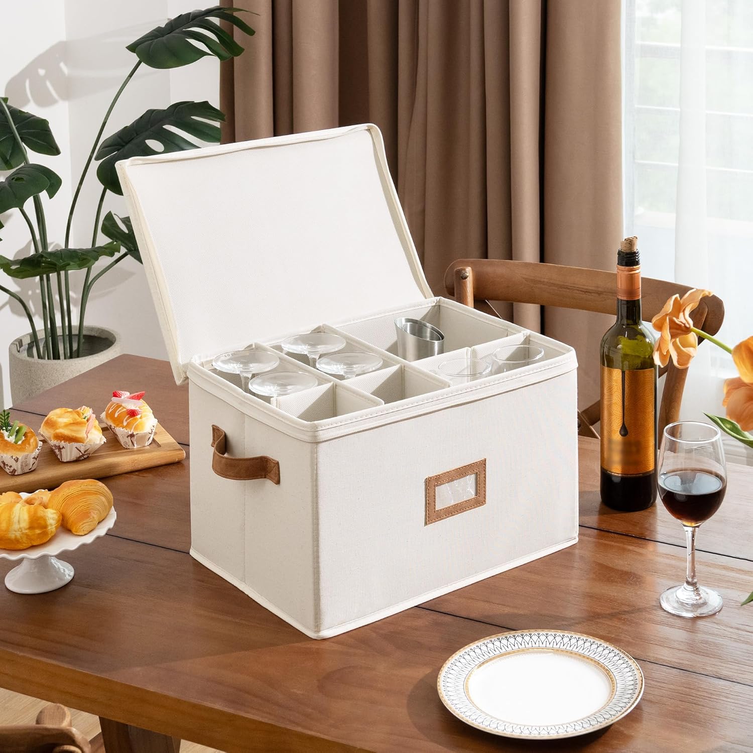 StorageWorks Stemware Storage Cases, Hard Shell Wine Glass Storage Box with Dividers for Glassware, Crystal, and China Holds 12 Standard Size Wine Glasses, 2 Pack, Beige