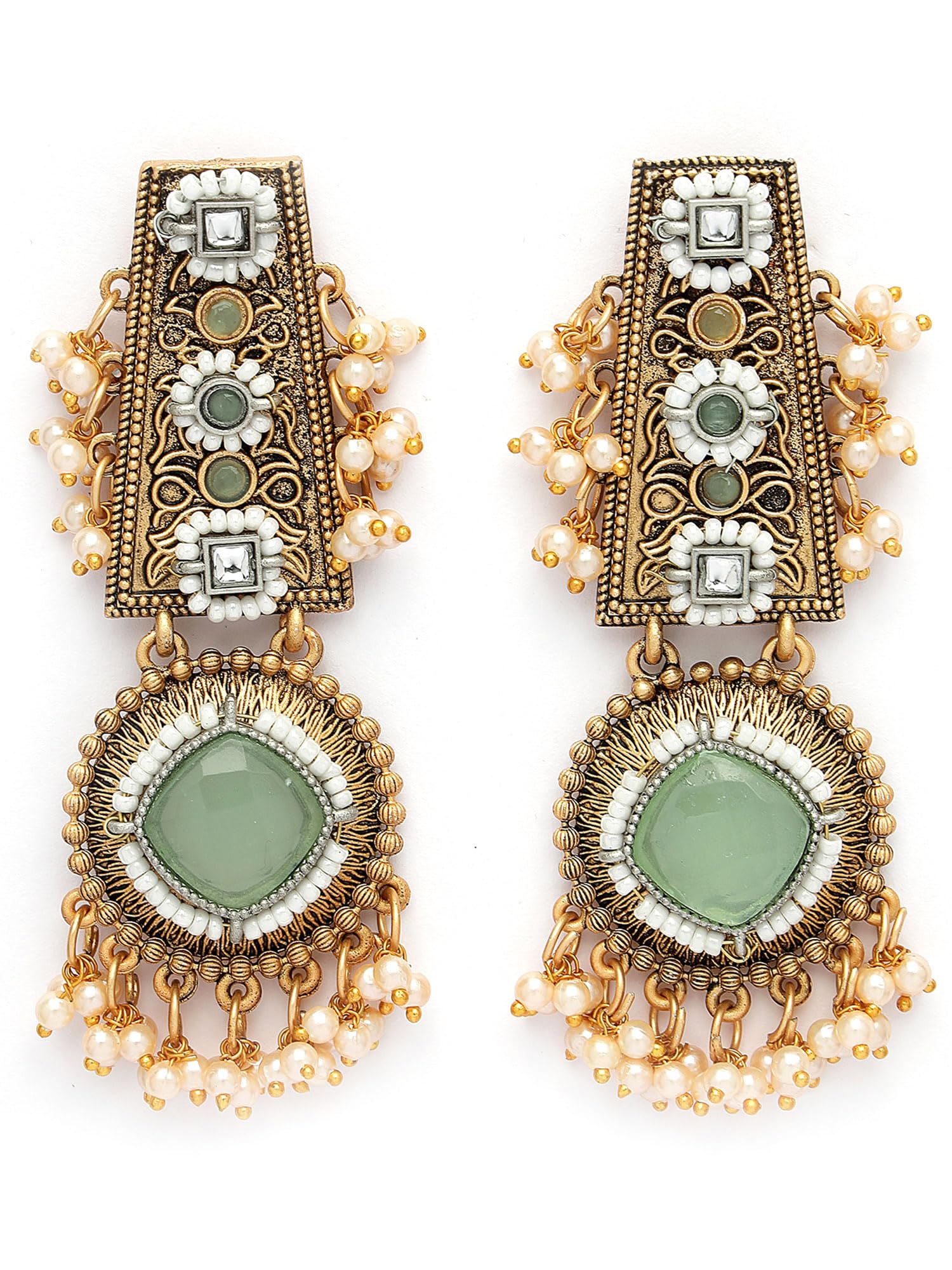 Gold Plated Lime Green Stone Floral Design Kundan Drop Earrings for Women-image-7