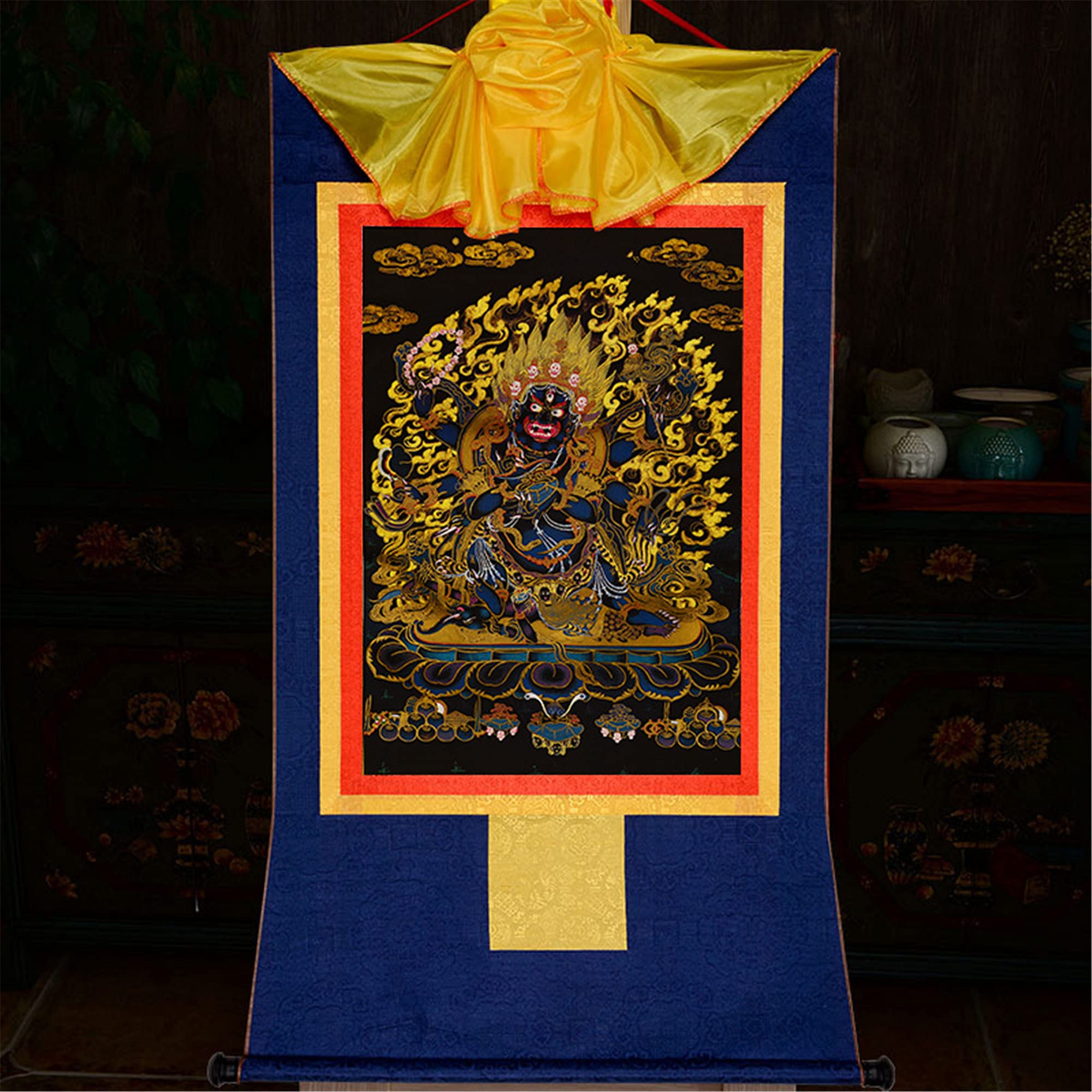 Gandhanra Thangka Tibétain - Mahakala Thangka - Peinture Tantrique Bouddha à Dorure - Tapisserie Mural pour Décoration Zen - Méditation et Relaxation Spirituelle