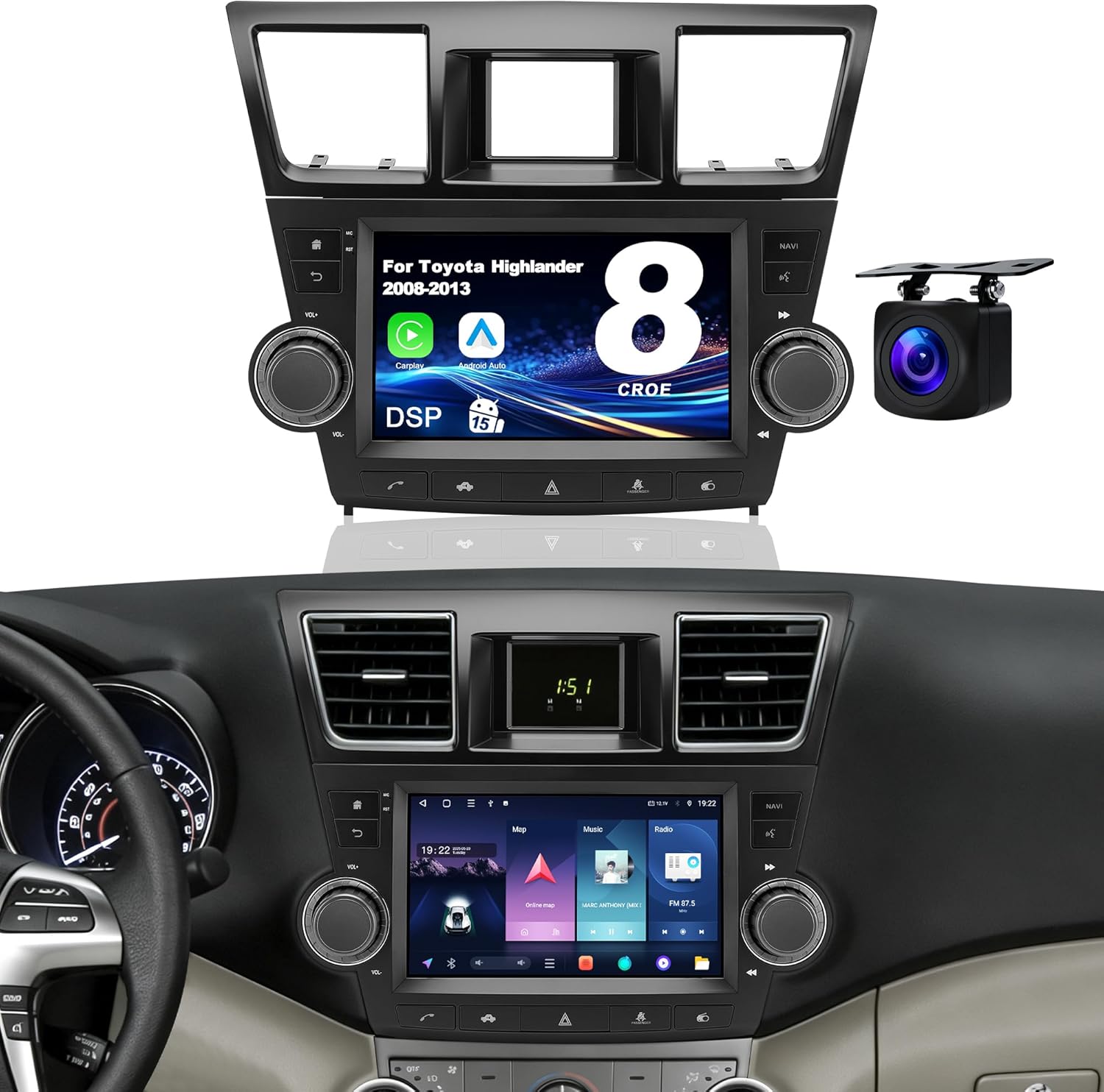 6GB+128GB Head Unit for Toyota Highlander: DSP Android 15 Car Stereo Upgrade Wireless CarPlay & Android Auto with WiFi 6, Bluetooth, GPS, FM/RDS, EQ, SWC, 1080P Backup Camera (2008-2013,OEM)