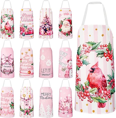 Suhine 12 Pcs Christmas Aprons Bulk Adjustable Red Plaid Xmas Santa Elf Pink Apron for Women Men Cooking Baking Holiday Party