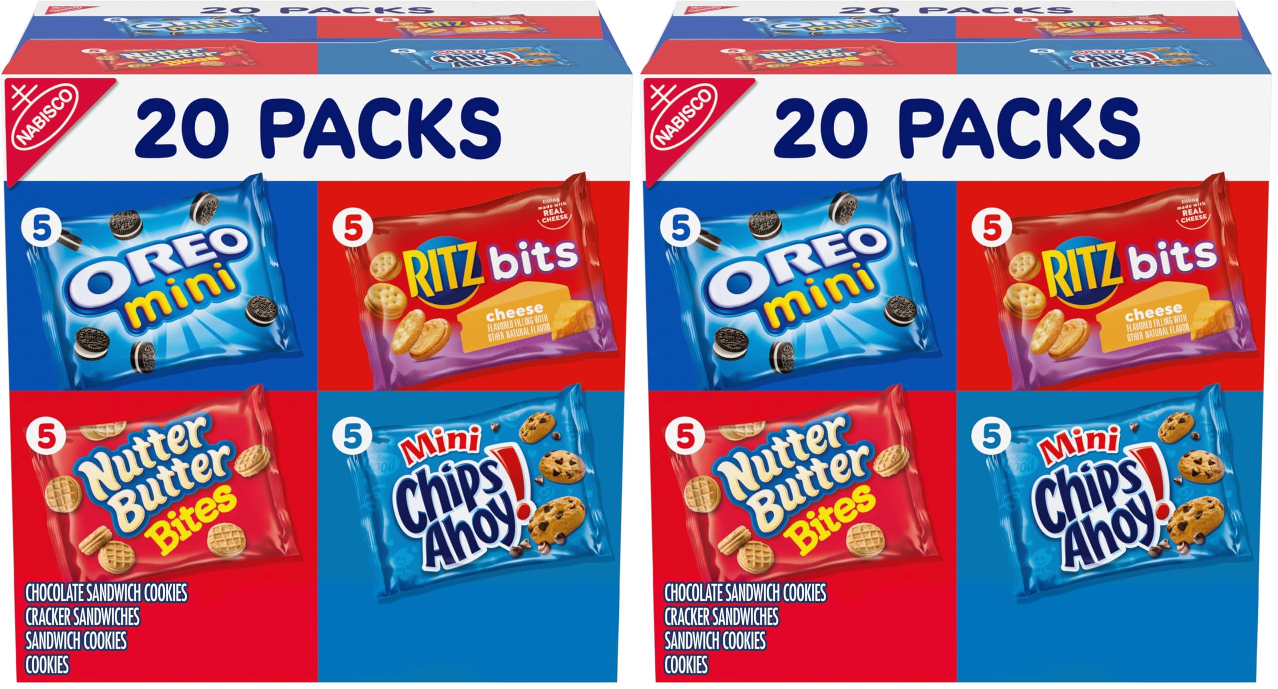 NABISCOClassic Mix Variety Pack, OREO Mini, CHIPS AHOY! Mini, Nutter Butter Bites, RITZ Bits Cheese, 20 Snack Packs (Pack of 2)