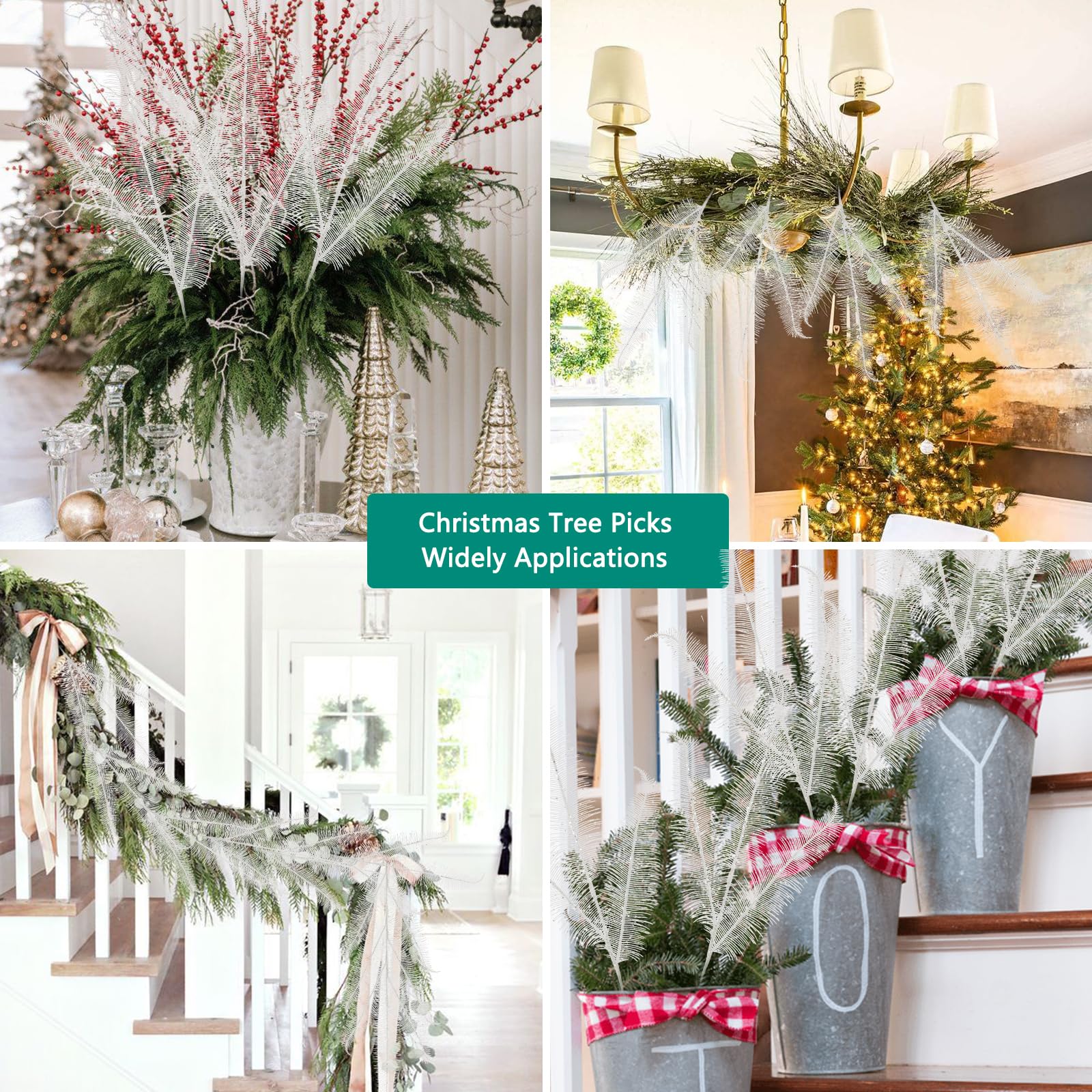 Oairse 8 Pcs Christmas Tree Picks and Sprays White Glitter Christmas Picks 28" Christmas Glitter Feathers Leaves Stems for Christmas Tree Filler Branches Wreaths Centerpieces Holiday Decorations - Image 3