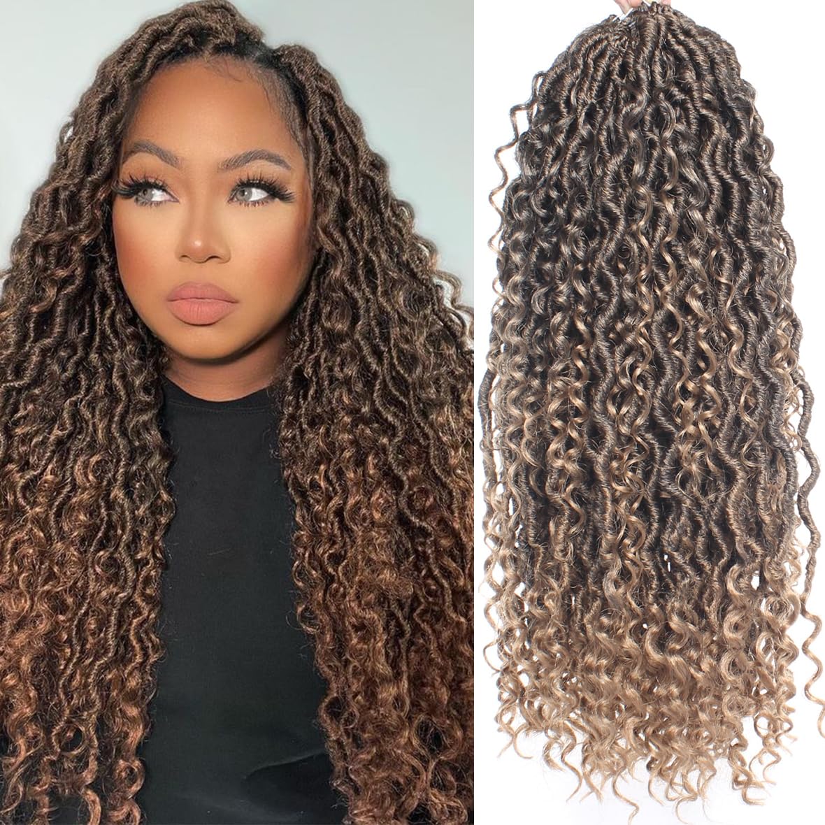 Kachanaa 24 Inch Goddess Locs Crochet Hair 8 Packs Pre-Looped River Locs with Curly Ends Synthetic Ombre Blonde Bohemian Faux Locs Crochet Hair for Woman /T27#
