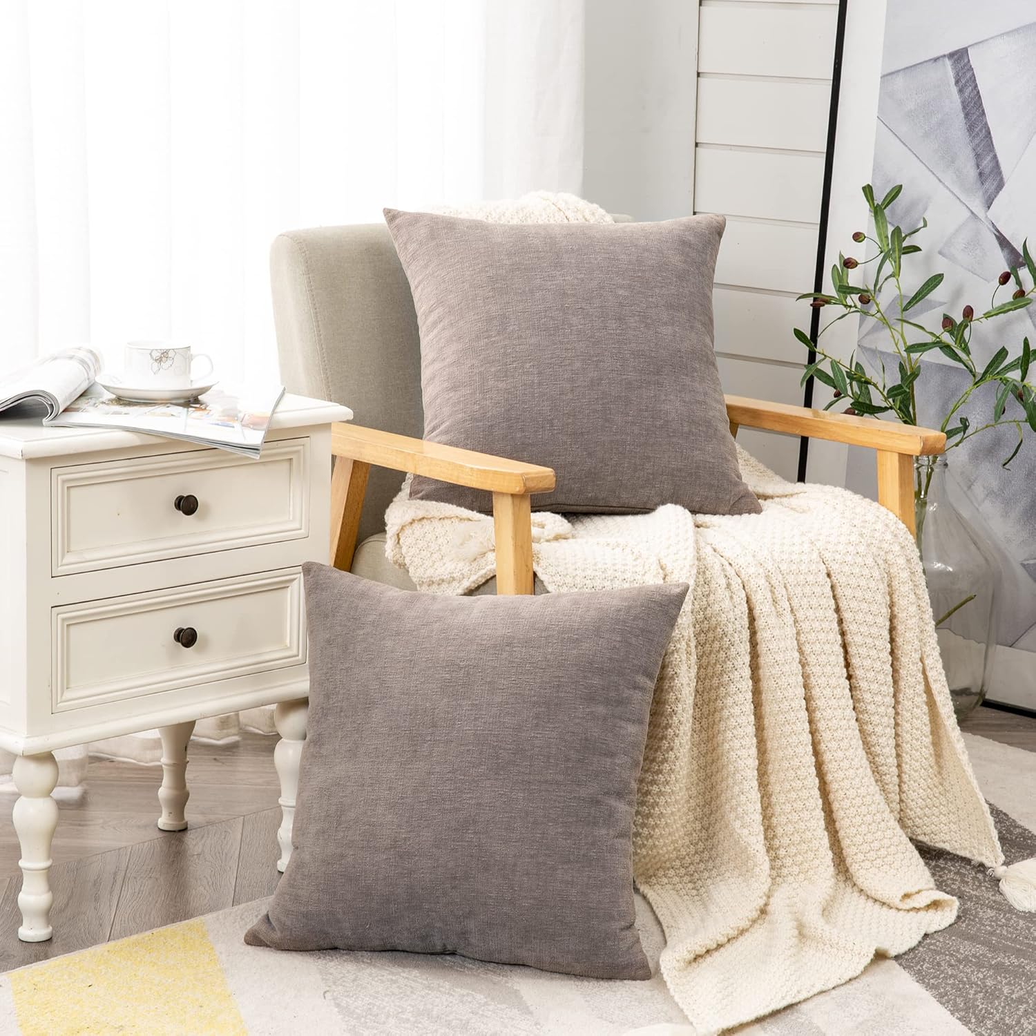 GAWAMAY Pack of 2 Couch Throw Pillow Covers 18x18 Inch Soft Square Chenille Pillow Cover for Sofa Living Room Bedroom Car Solid Dyed Pillow Cases (Only Pillowcases) 45x45cm,Grey, Taupe Grey
