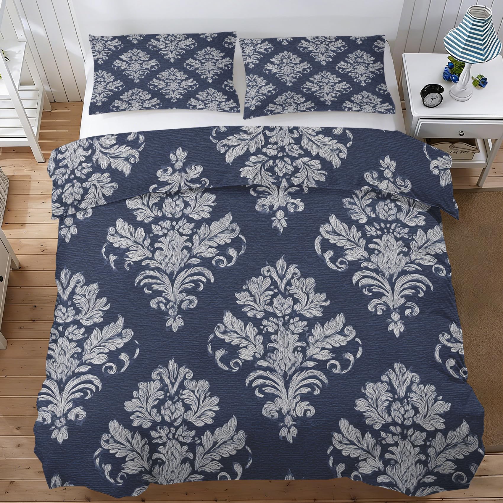Housse de couette 220x240 baroque damas avec 2 taies d'oreiller