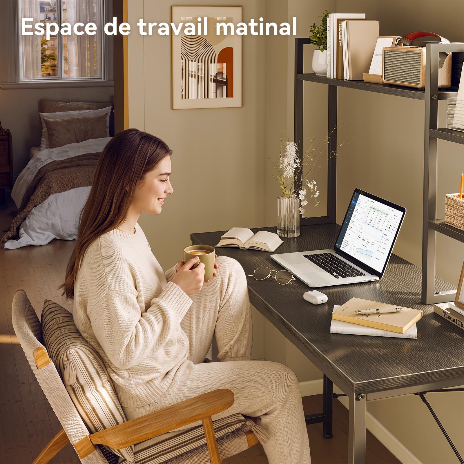 Coleshome Petit Bureau 100x40cm avec Étagère Rangement Noir