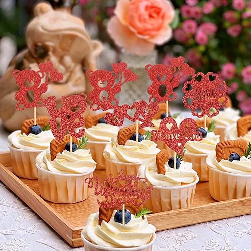 Miniatura 4 de Keaziu XOXO - Paquete de 24 adornos para cupcakes para el día de San Valentín beso me amo ti púas de magdalenas rojas corazón de auto regalo para