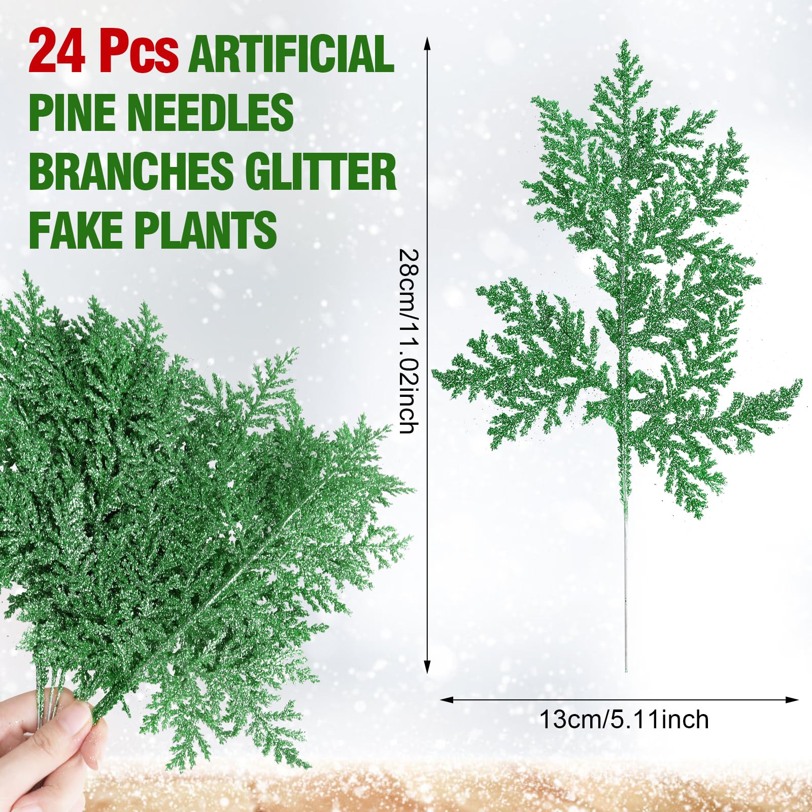 DIYASY Artificial Glitter Fern Leaf, 11'' Christmas Tree Filler Branches Floral Picks Pine Needles Fake Twigs Leaves Ornaments for Xmas Tree Holiday Wreath Home Decorations (Green)