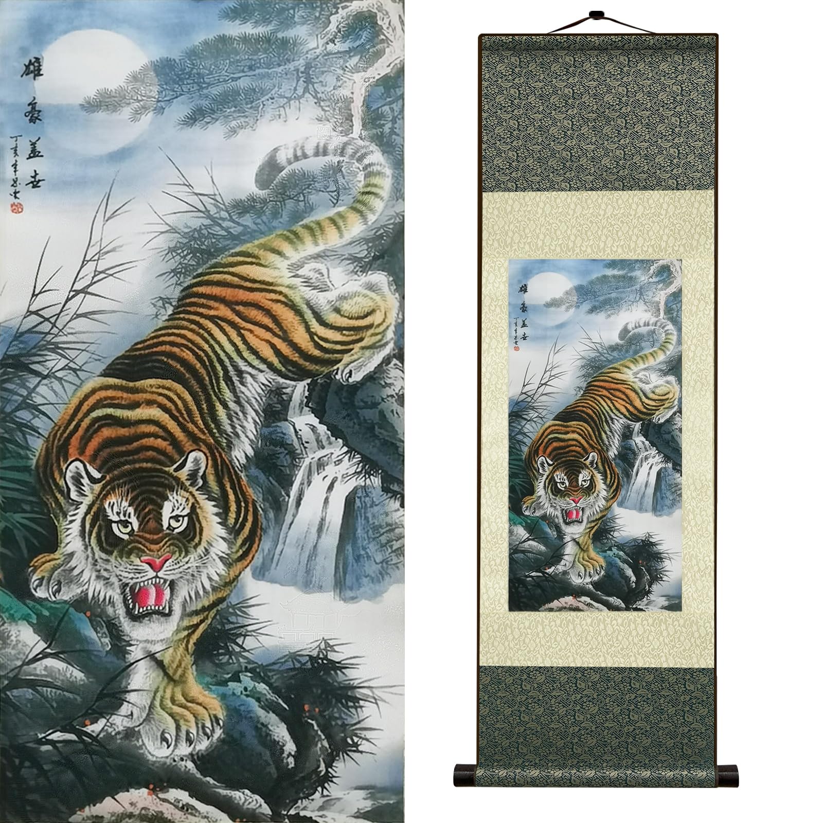 Newscz Bedroom Wall Art Silk Scroll Animal Tiger Wall Painting Lord of the Jungle Posters Wall Tapestry Asian Art House Decoration for Home Living Room Lounge Decor 36 by 12 in(HJ-L003)