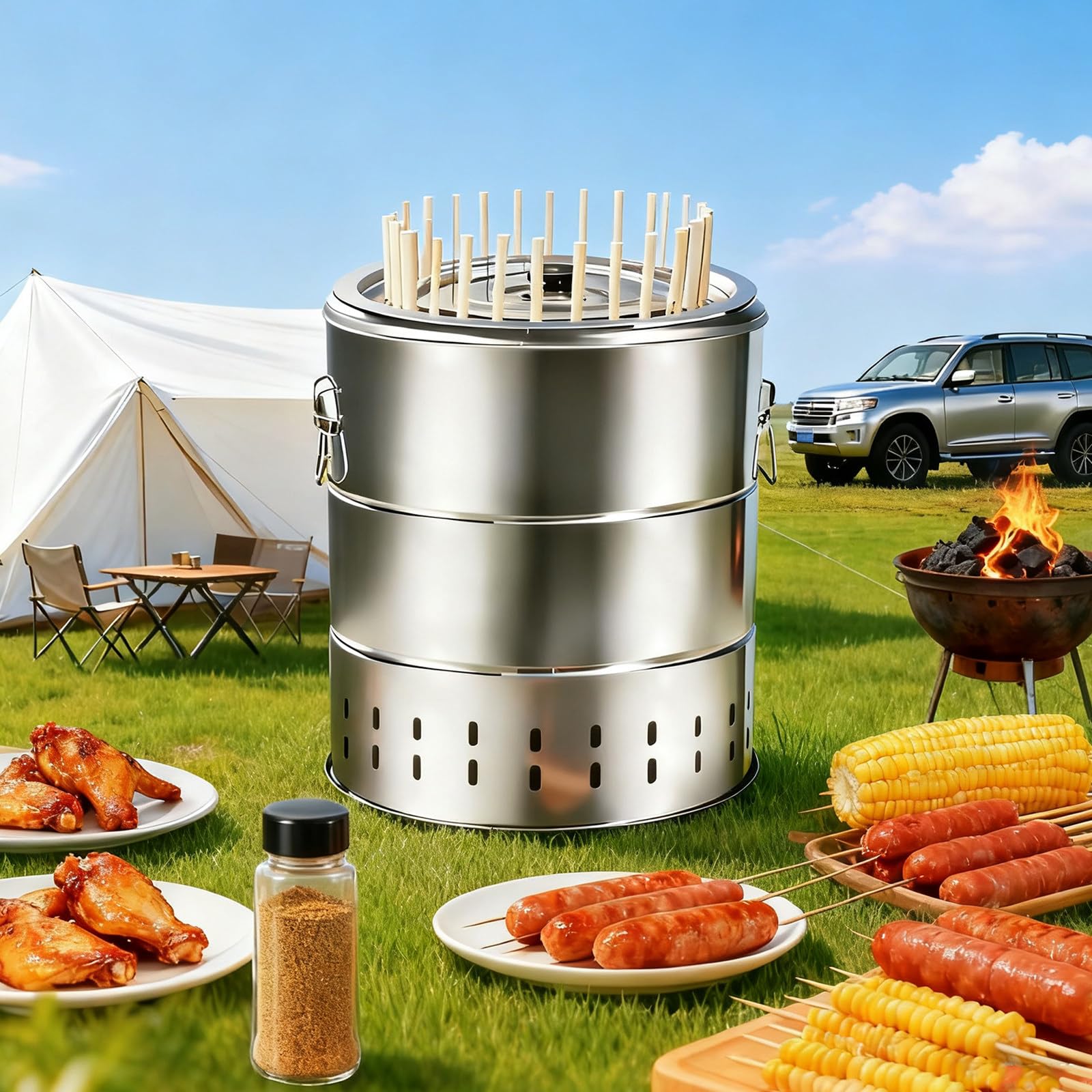 Grill Bezdymny Ze Stali Nierdzewnej, Pionowy Grill Z Wędzarnią Na Pellet, Przenośny Wędzarnia Węglowa Beczkowa, Duża Pojemność, łatwy W Użyciu, Na Kemping I Do Ogrodu RS-22
