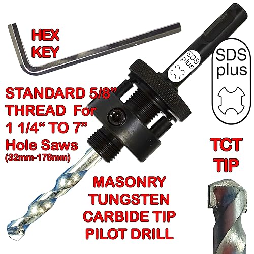 Vista 3 de Mandrin SDS Plus para sierras de agujero de hasta 1 1/4" hasta 8" con broca piloto TCT para taladrar agujeros en concreto, ladrillo y mampostería.