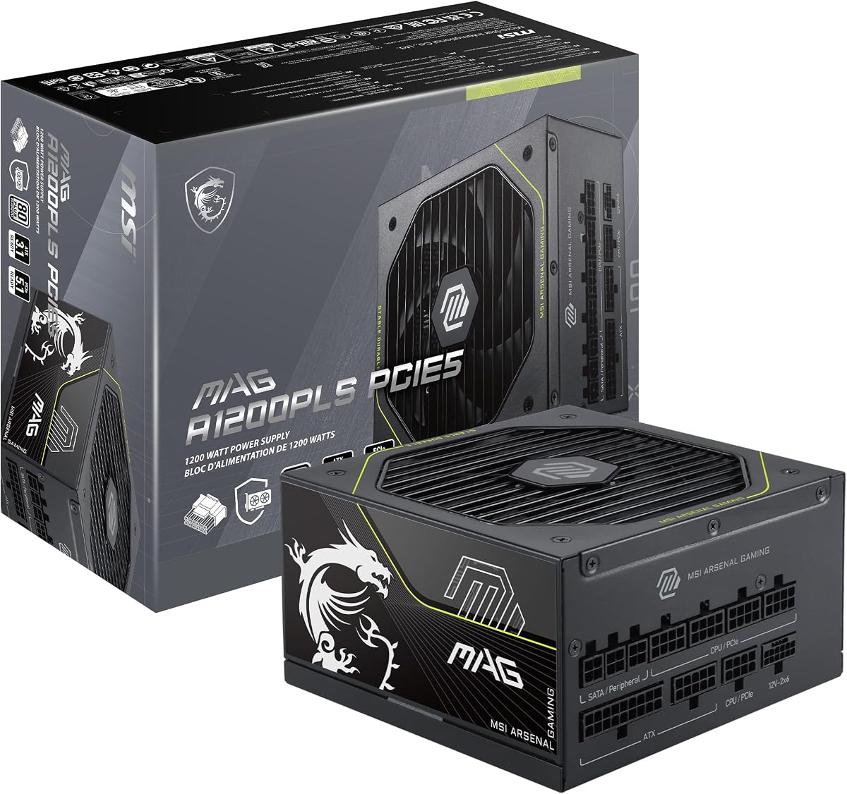 MSI MAG A1200PLS PCIE5, fuente de alimentación para juegos totalmente modular de 1200 W, 80+ Platinum, cables nativos de 12 V-2x6, protección de GPU, condensador principal de 105 °C, protección de ventilador, preparado para ATX 3.1 y PCIe 5.1, 10 años de garantía