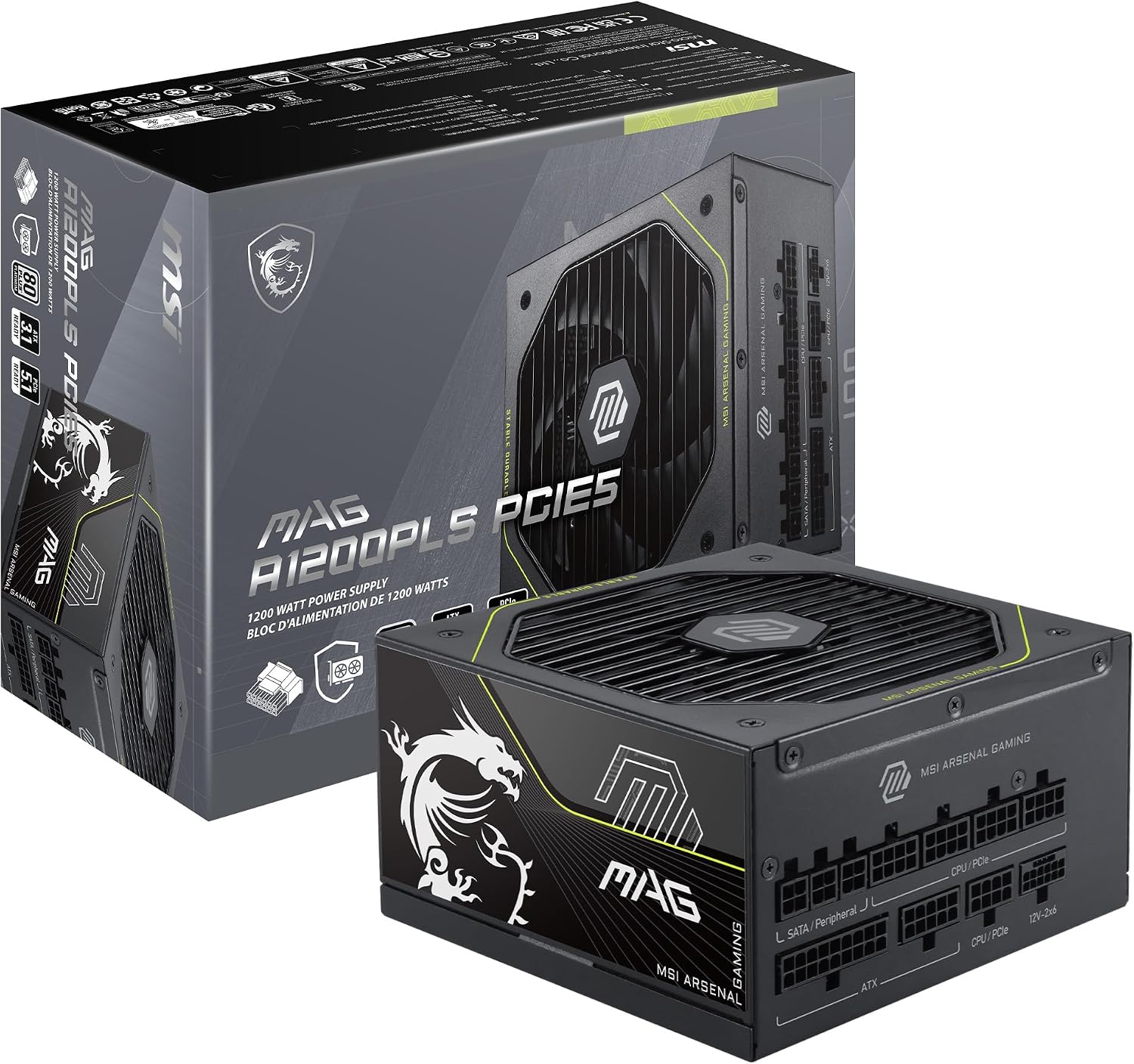 MSI MAG A1200PLS PCIE5, Fully Modular Gaming 1200W Power Supply, 80+ Platinum, Native 12V-2x6 Cables, GPU Safeguard, 105°C Main Capacitor, Fan Safeguard, ATX 3.1 & PCIe 5.1 Ready, 10 Year Warranty