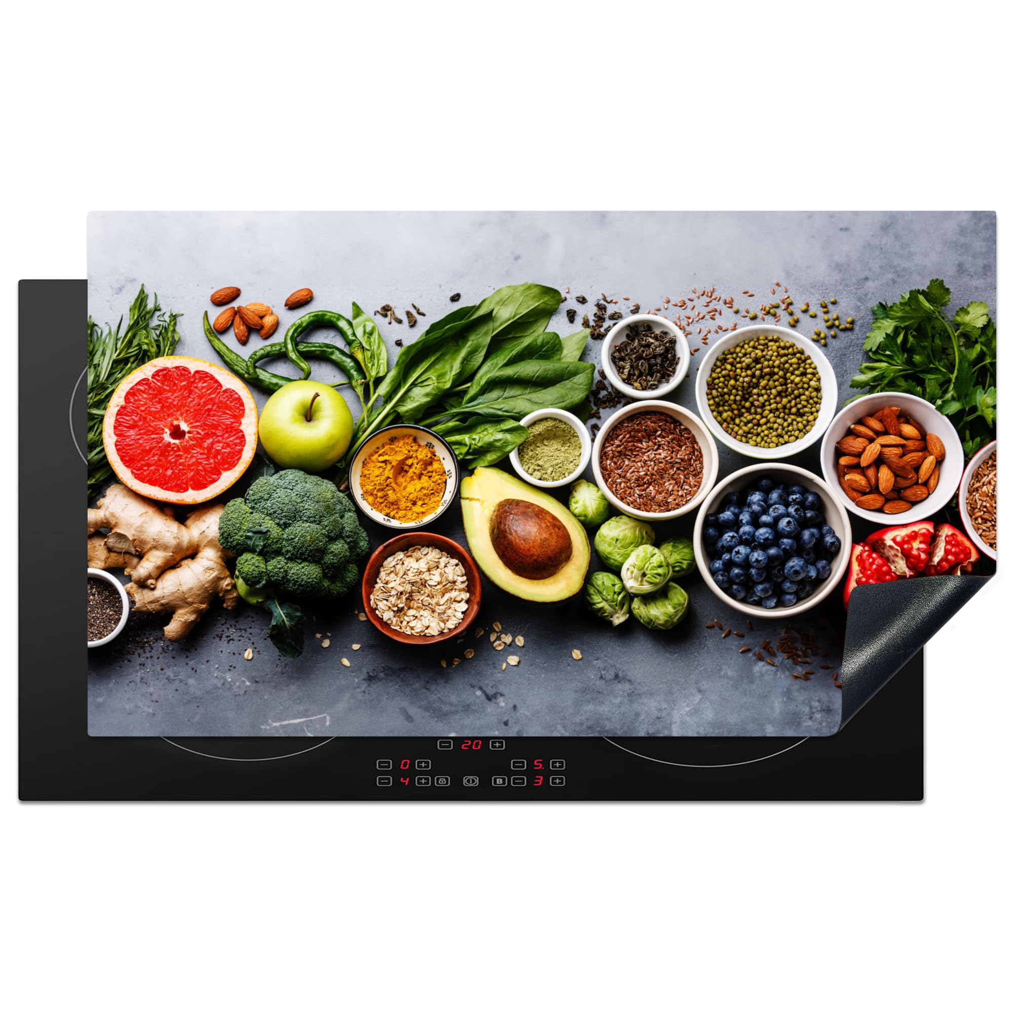 KitchenYeah© Induction Hob Protector Mat 20.8"x36" / 91.6x52.7 cm Cooker Top Protectors Cover Ceramic Covers Electric Hobs Vinyl Fruit - Concrete - Vegetables