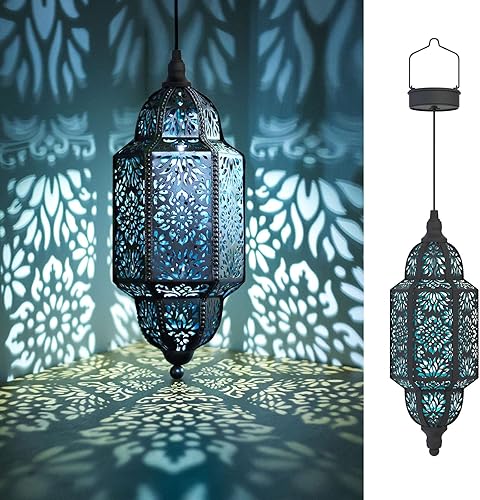 Twinkya Paquete de 2 luces solares colgantes para jardín al aire libre, farol solar decorativo, impermeable, metal, marroquí, decoración al aire