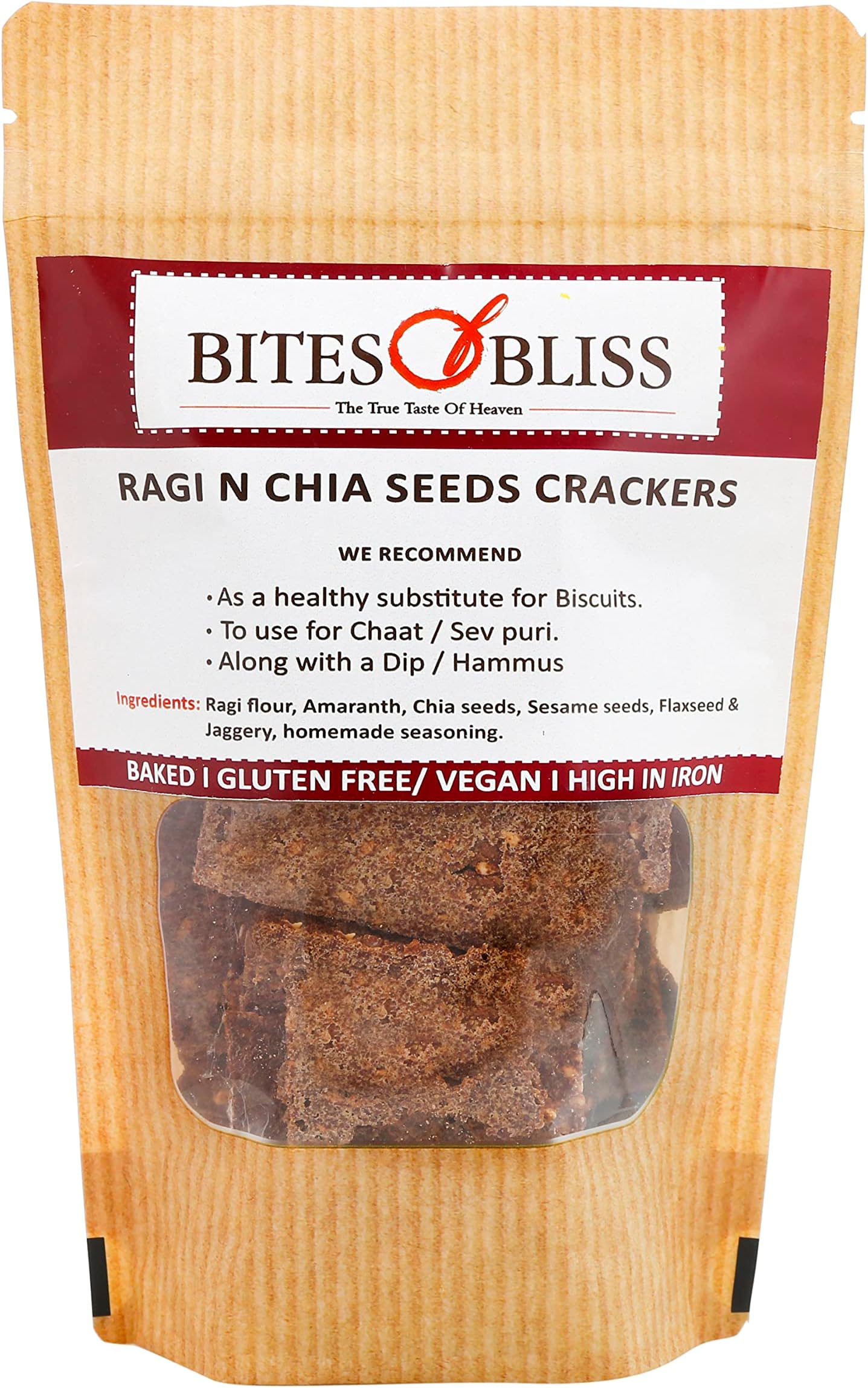 Bites of Bliss Ragi N Chia Seeds Crackers | No Added Sugar | Diabetic Friendly | 100% Baked | Protein Rich | Crunchy & Tasty Gourmet Snacks | Chip Substitute | 125g