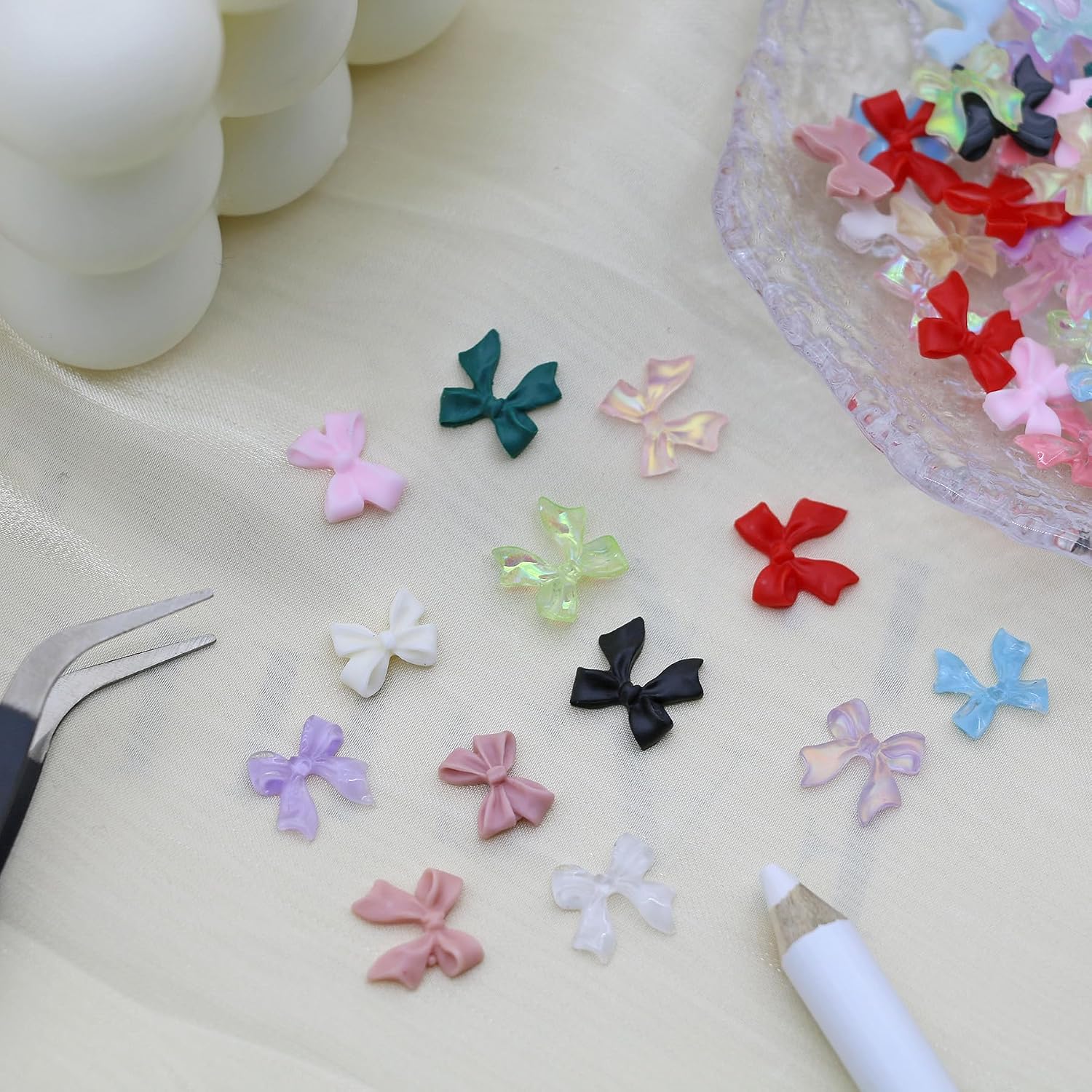 3D Bow Nail Art Charms, 24grids Cute Colorful Nail Accessories with Pickup Tools Kawaii Flatback Y2k Nail Art Decor for DIY Manicure Crafts Design Jewelry Making