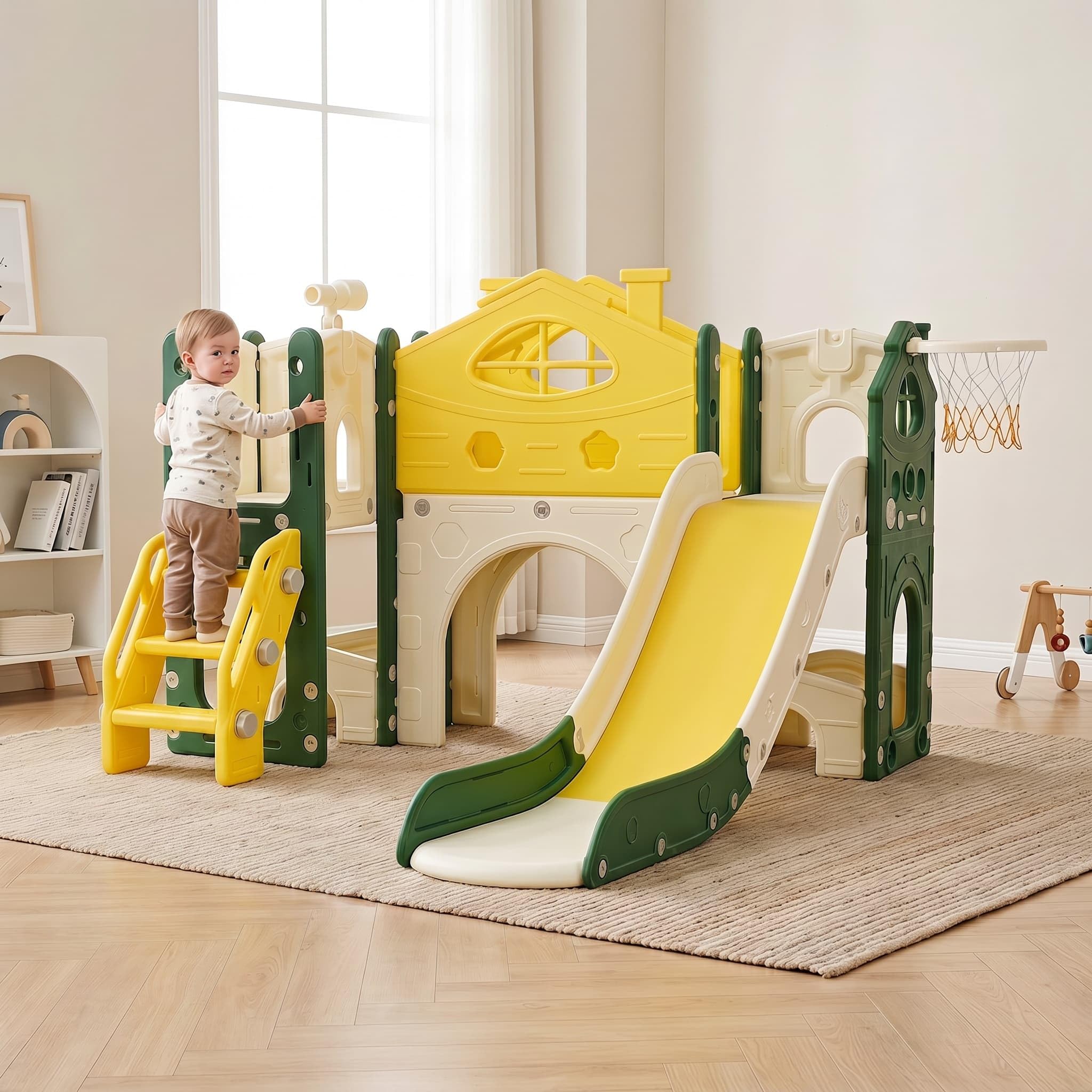 7 in 1 Kinderrutsche mit Kletterleiter,Indoor Outdoor Kinderspielplatz | Kleinkinderrutsche mit Basketballkorb, Klettergerüst, Teleskop, Tunnel, Plattformgang, Aufbewahrungskorb, Kinder Spielplatz
