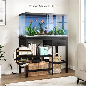 40-50 Gallon Fish Tank Stand with Power Outlet, Aquarium Stand with 3-Tier Adjustable Storage Shelves, Fish Stand with Storage Drawers, 36.6*18.9 Tabletop (Black)