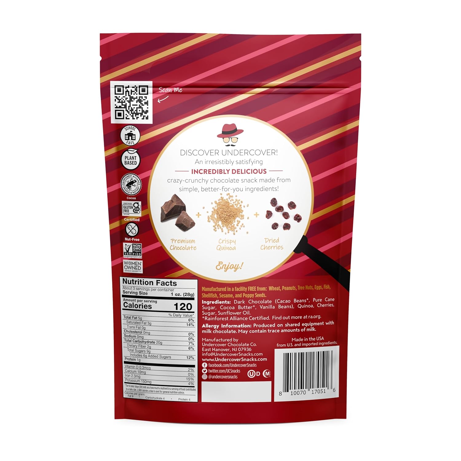 Undercover Chocolate Quinoa Crisps - Dark Chocolate + Cherries | 7-Pack, 3oz Bags of Mini Crisps | Gluten Free, Nut Freem Allergen Friendly, Kosher, Plant-Based