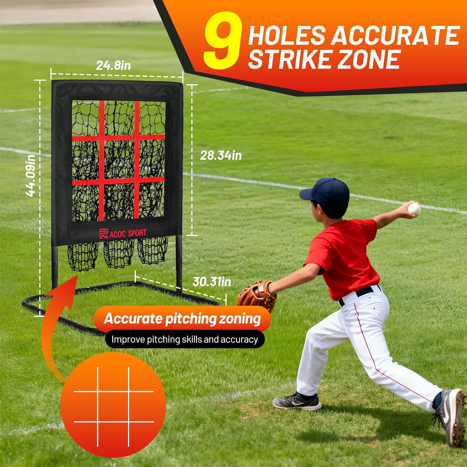 9 Hole Pitching Net with Strike Zone, Portable Quick Setup Baseball Nine Pocket Pitching Target - Adjustable Height, More Stable Base Design, Training Equipment for Pitchers of All Levels