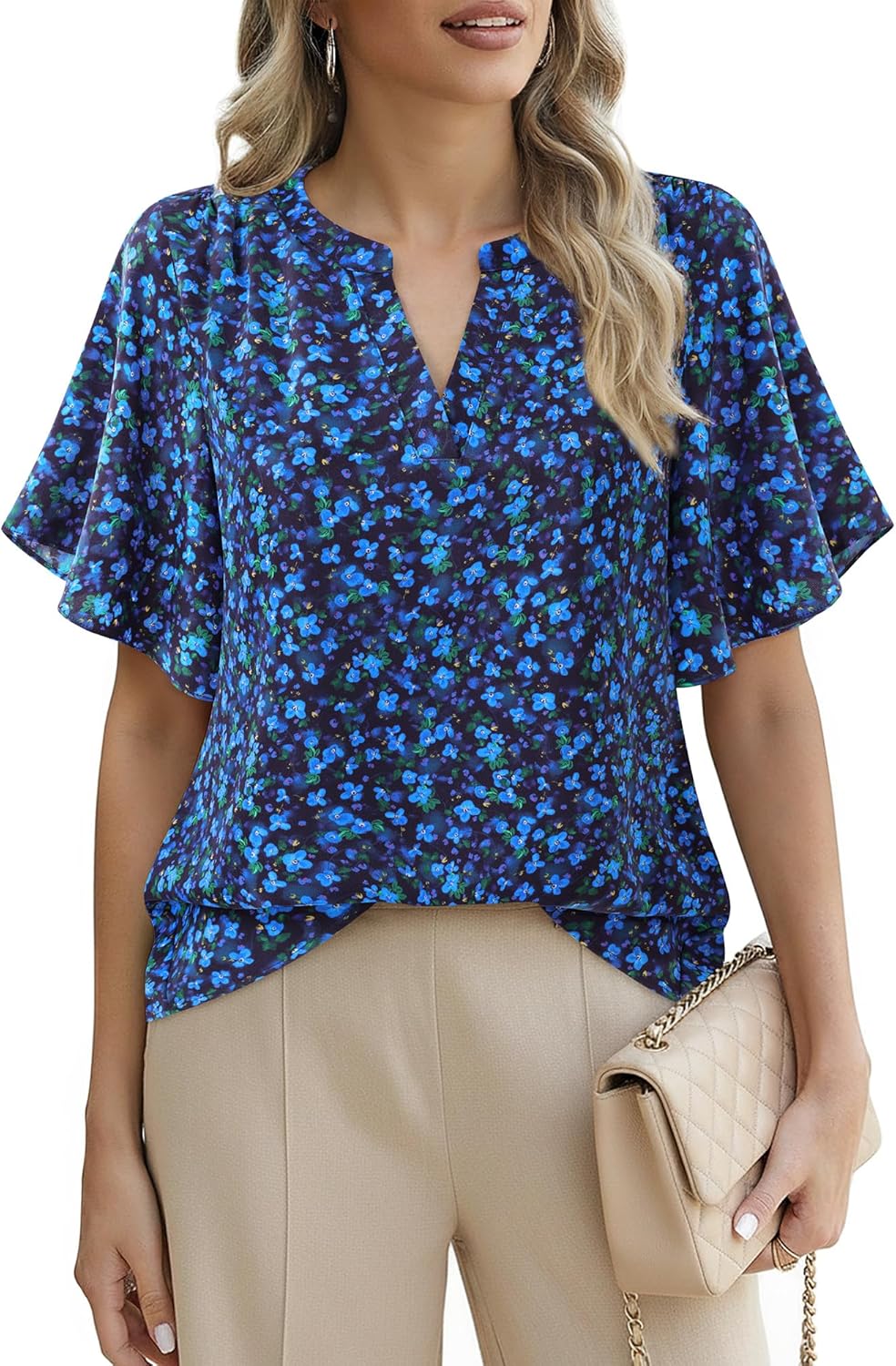 VALOLIA Womens Dressy Casual Blouses Tops Short Sleeve V Neck Floral Business Work Shirts