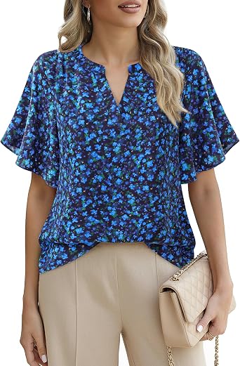VALOLIA Womens Dressy Casual Blouses Tops Short Sleeve V Neck Floral Business Work Shirts