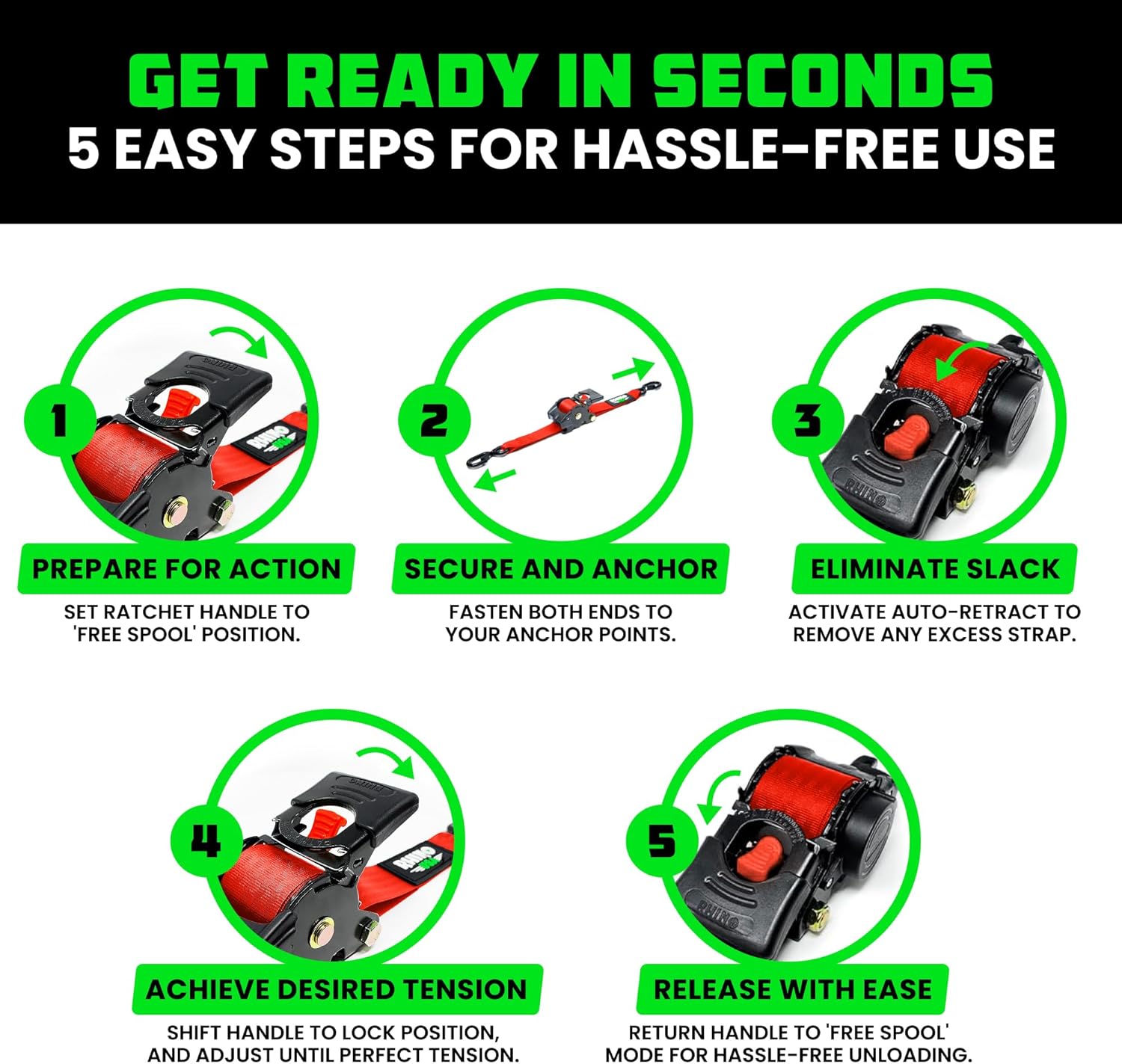 Rhino USA Retractable Ratchet Straps (2-Pack) - 2 Inch x 10 Feet (3,033lb Break Strength) - Heavy Duty Auto Self Retracting Tie Down Straps for Truck, Cargo Trailer, Motorcycle, Rad & More - Red - Image 6