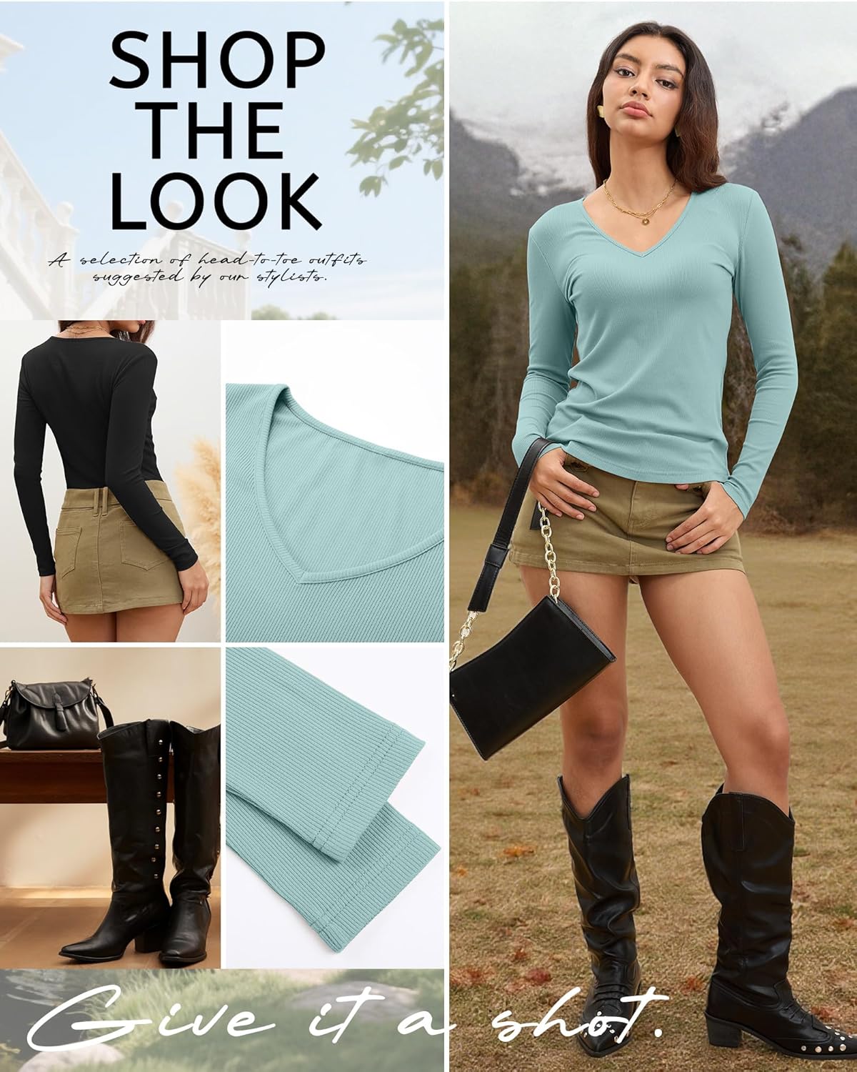 Ficerd 3 Pack Women's Long Sleeve T Shirts Cotton V Neck Slim Fit Tops Ribbed Knit Layering Casual Basic Tees Fall - Image 6