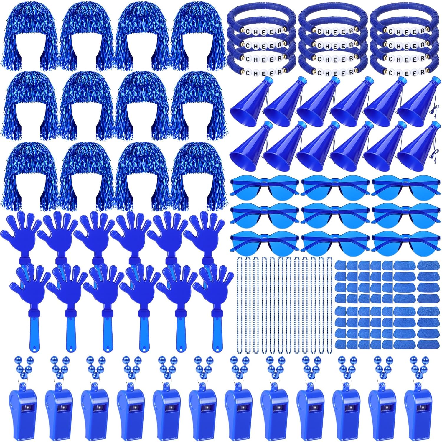 84 Pcs Blue Team Spirit Accessories Bulk Include Foil Wigs Bracelets Megaphone Whistles Hand Clappers Glasses Eye Black Stickers for Cheerleading Pom Football Sporting Events Cheer Gifts