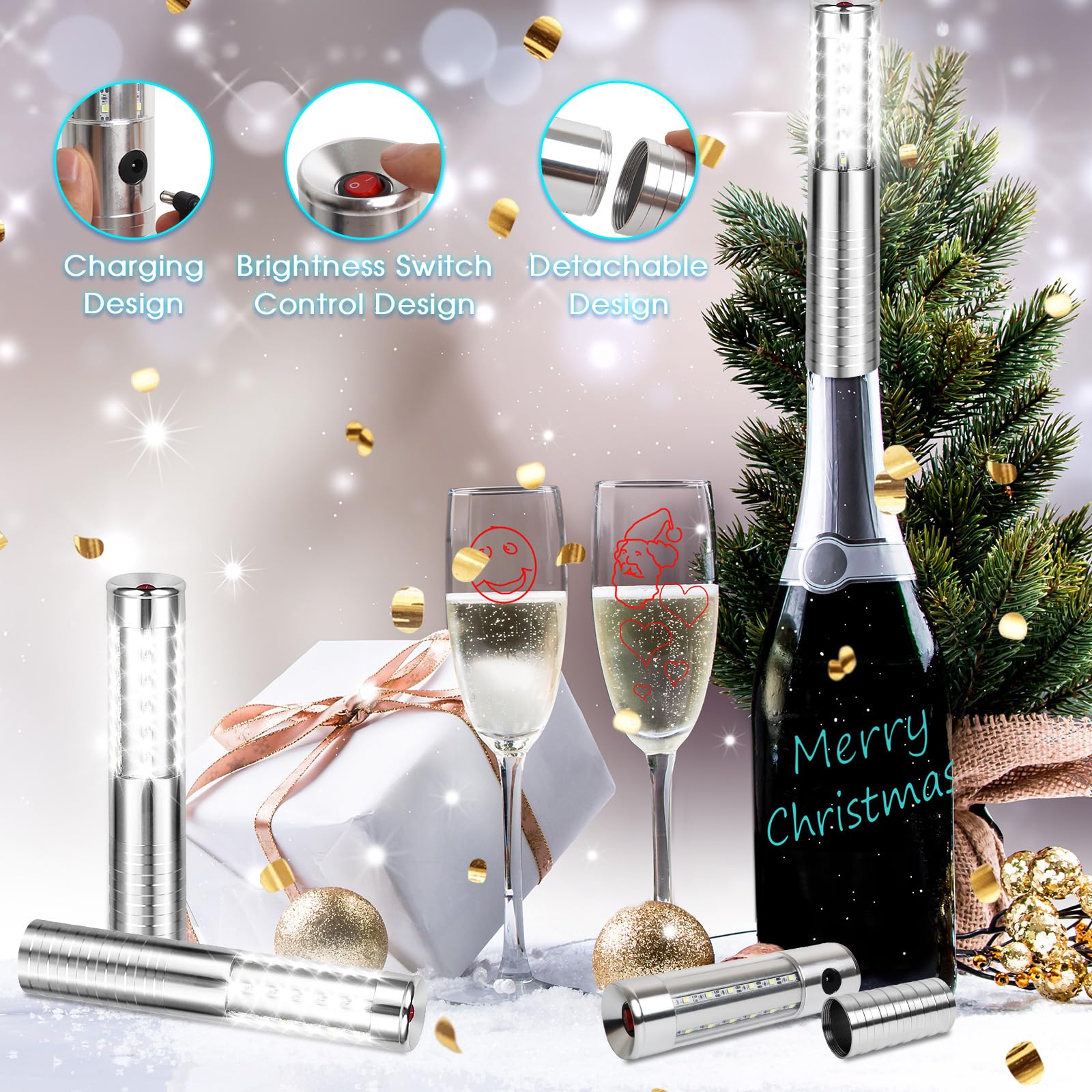 6 luci LED stroboscopiche a LED per bottiglie di champagne, luci di servizio per bottiglie di champagne, decorazione per discoteca, matrimoni, feste, concerti (argento)