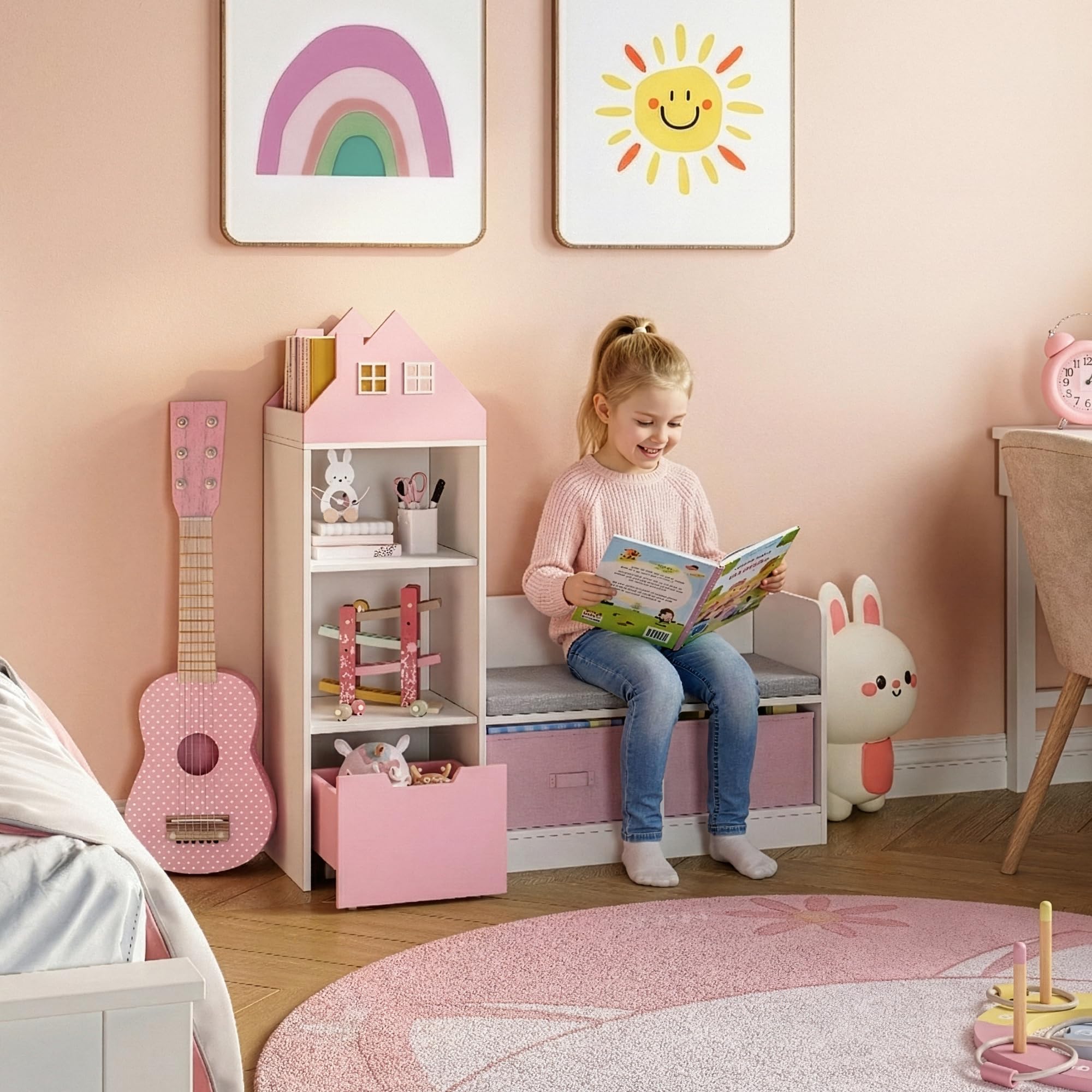 [en.casa] Estantería Infantil Vipsali en Forma de Casa con Banco 4 Compartimentos Abiertos 2 Cajas Plegables 1 Cajón Librería para Niños Niñas 100 x 99 x 30 cm - Rosa/Blanco