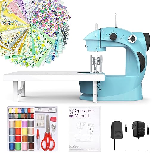 KPCB Tech Sewing Machine for Beginners [Full Set] with Finger Guard and Fabric Bundles - Mini Electric Sewing Machine with Sewing Kits, Foot Pedal, US Adapter and Extension Table