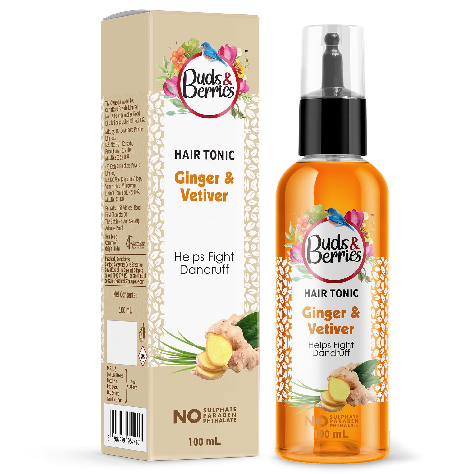 Buds & Berries Ginger and Vetiver Anti-Dandruff Hair Tonic | Soothes Scalp, Fights Dandruff Flakes | 100ml | Toxin Free | Natural Solution for Healthy Dandruff-Free Hair-image-8