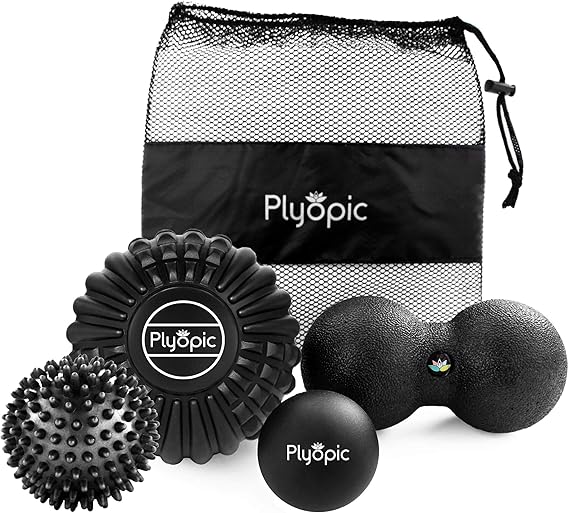 Plyopic Deep Tissue Massage Ball Set Set of 4 Lacrosse, Spiky, Peanut and 5” Foam