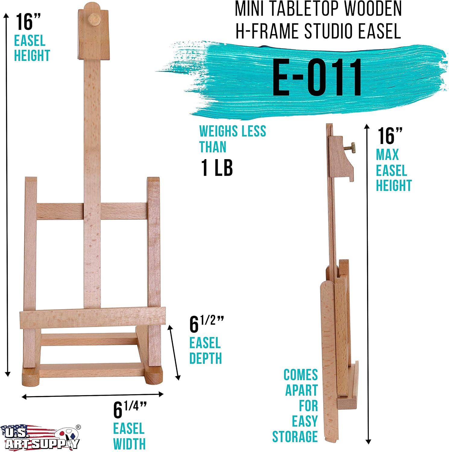 U.S. Art Supply 16" Mini Wooden Studio Tabletop Easel - H-Frame Artists Adjustable Painting and Display Stand, Holds Up to 12" Canvas - Portable Table Top Easel for Painting, Artwork